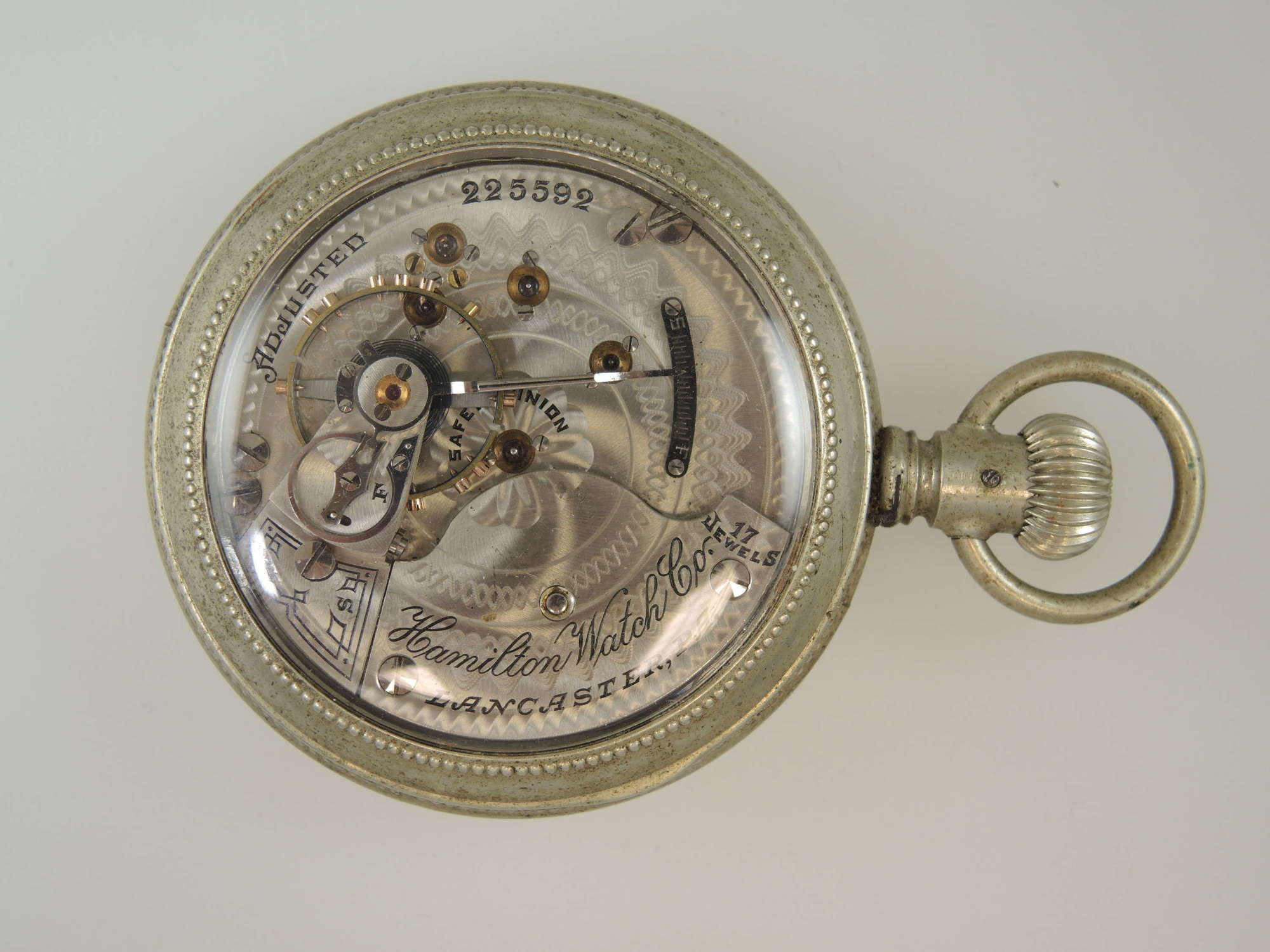 18 size 17 Jewel Hamilton 927 pocket watch in a display case c1904