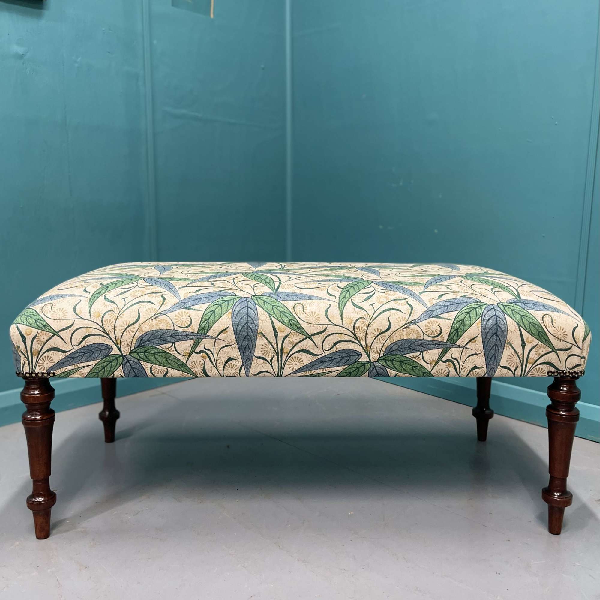 Newly Upholstered Leaf Motif Ottoman Footstool