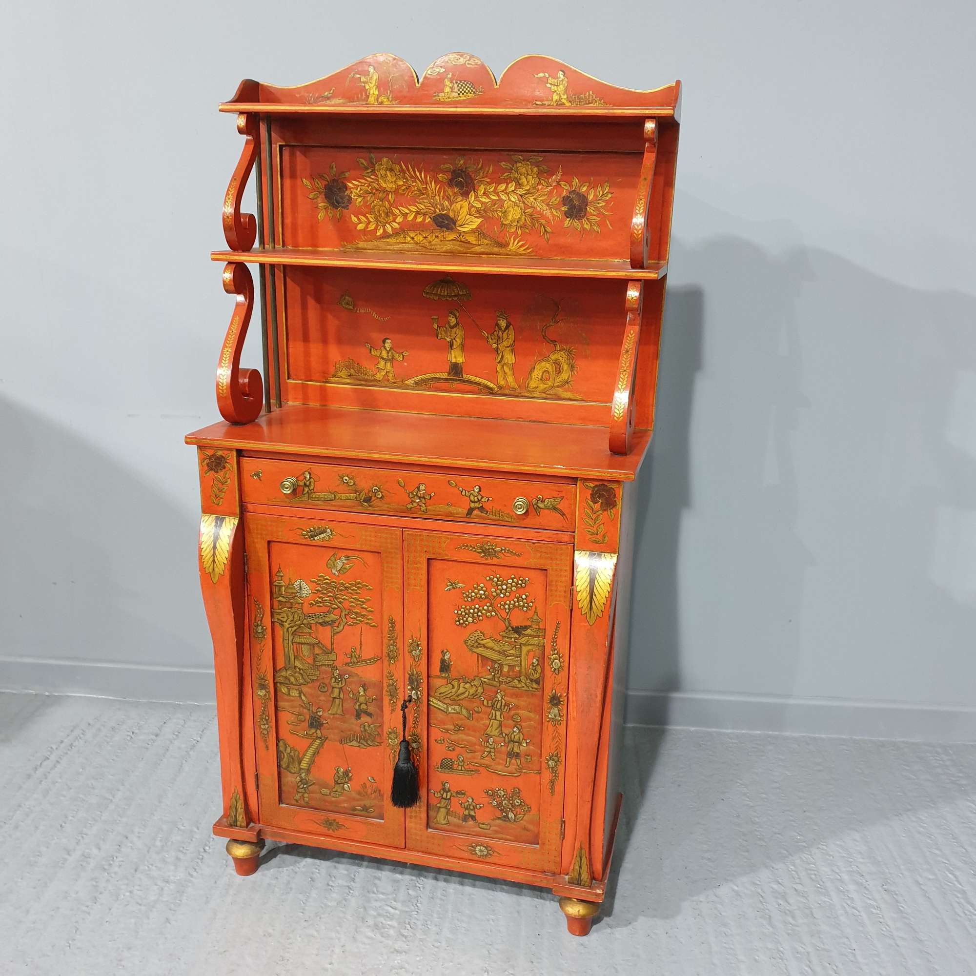 Outstanding Scarlet Regency Chinoiserie Laquered Side Cabinet