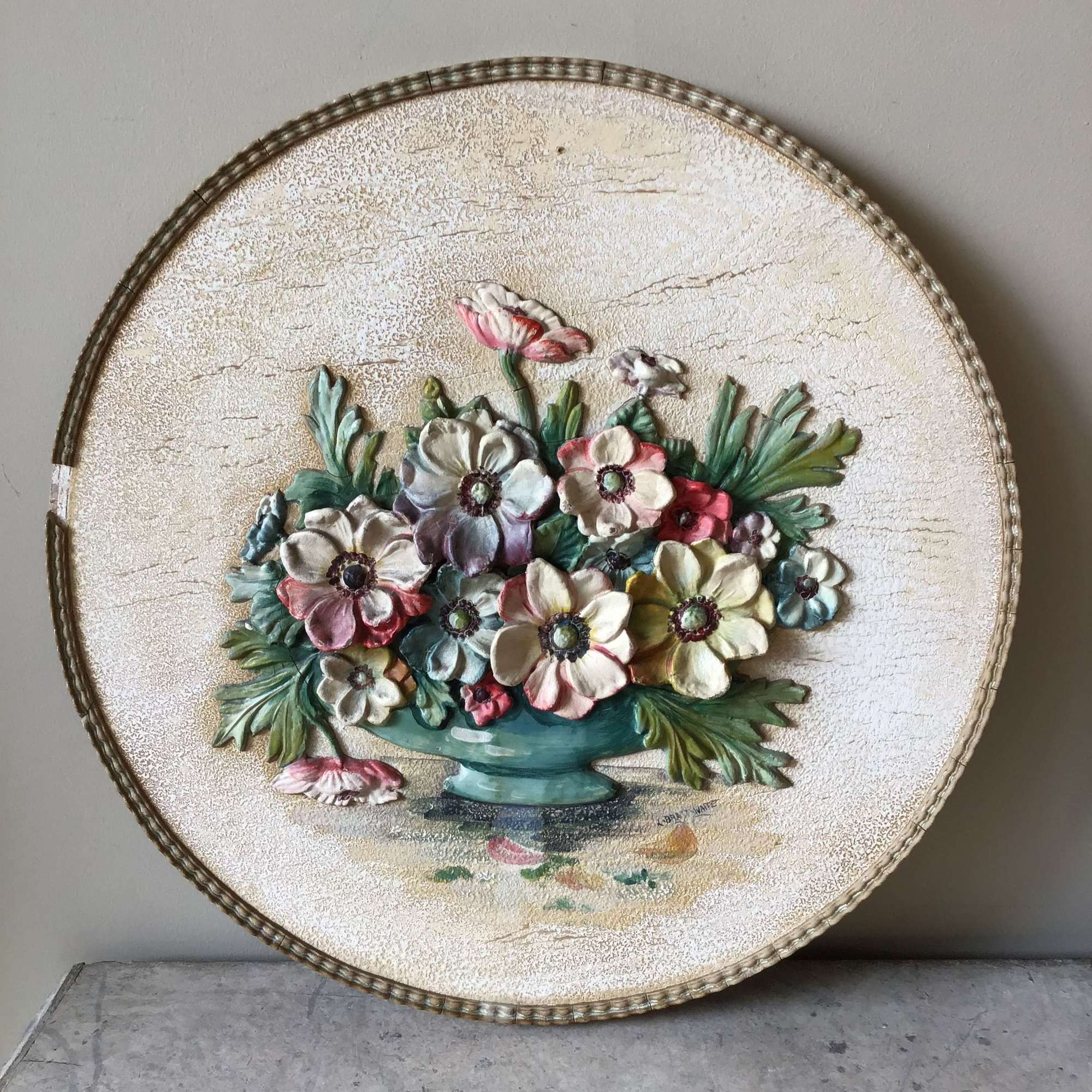 Vintage 1930s round cream Barbola flower picture/wall hanging