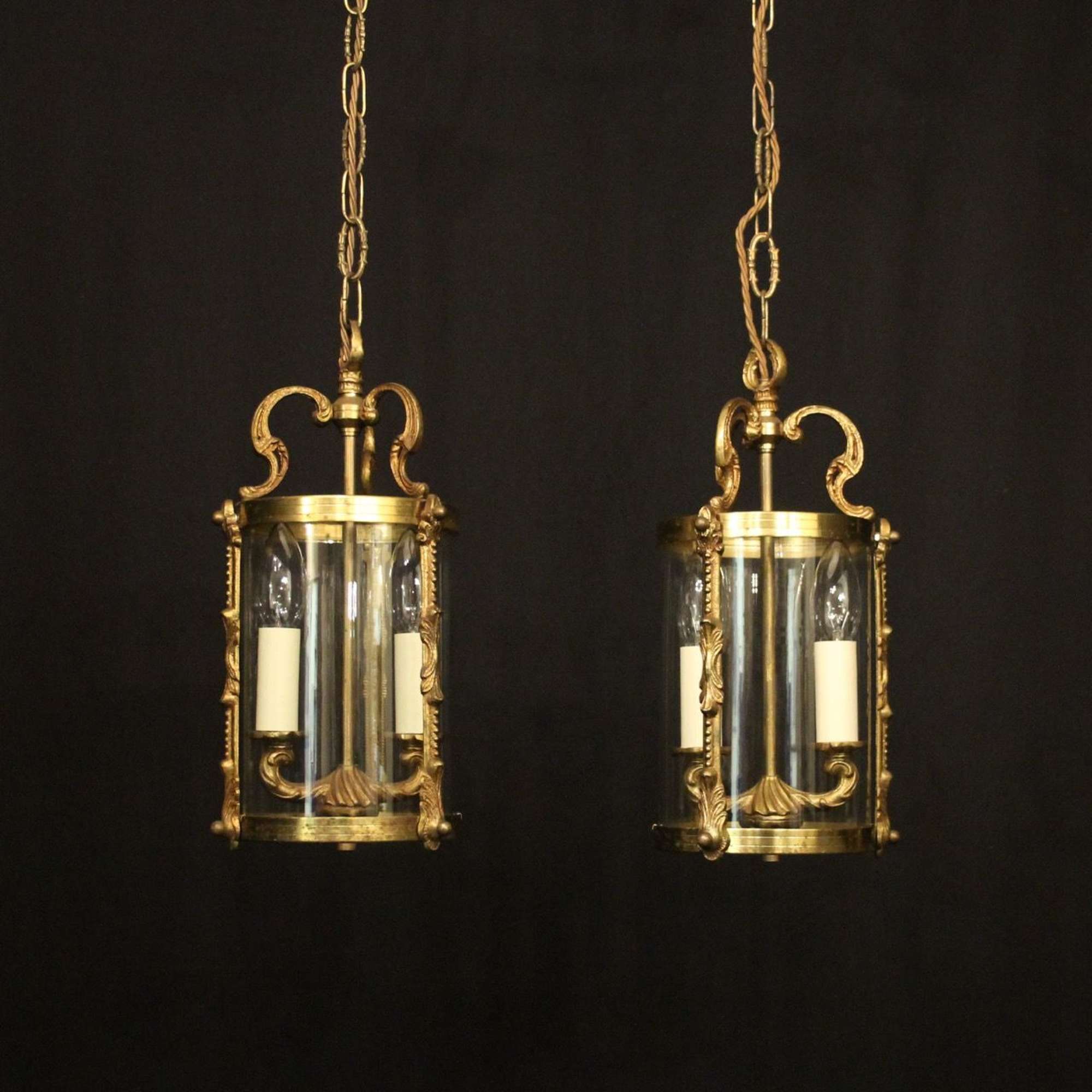 French Pair Of Gilded Brass Antique Lanterns