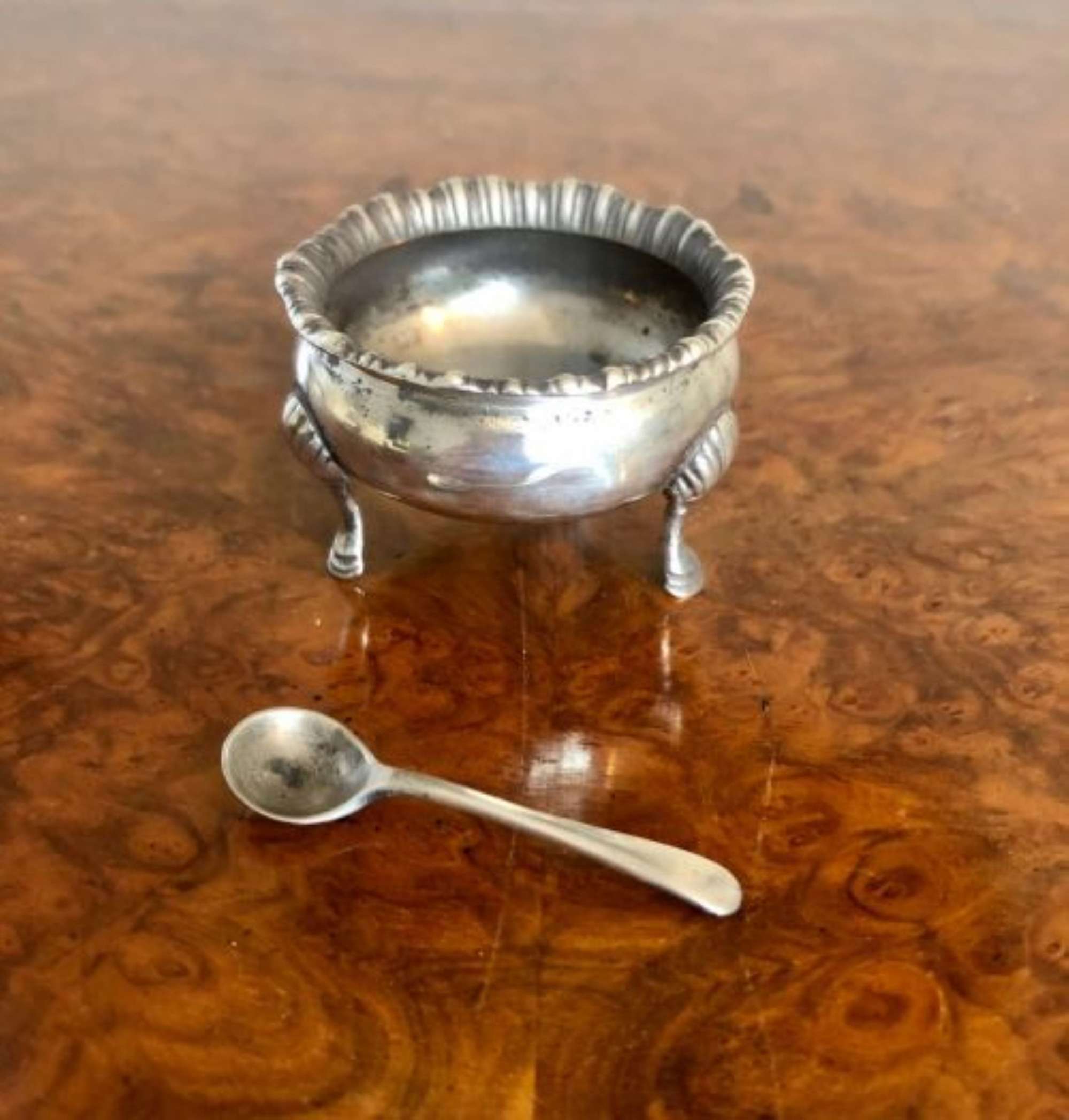 Antique Edwardian Silver Hall Marked Table Salt & Spoon