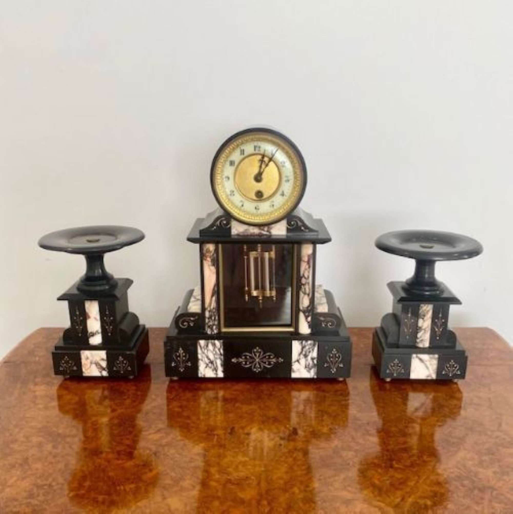 Quality Antique Victorian Block Marble Clock Garniture