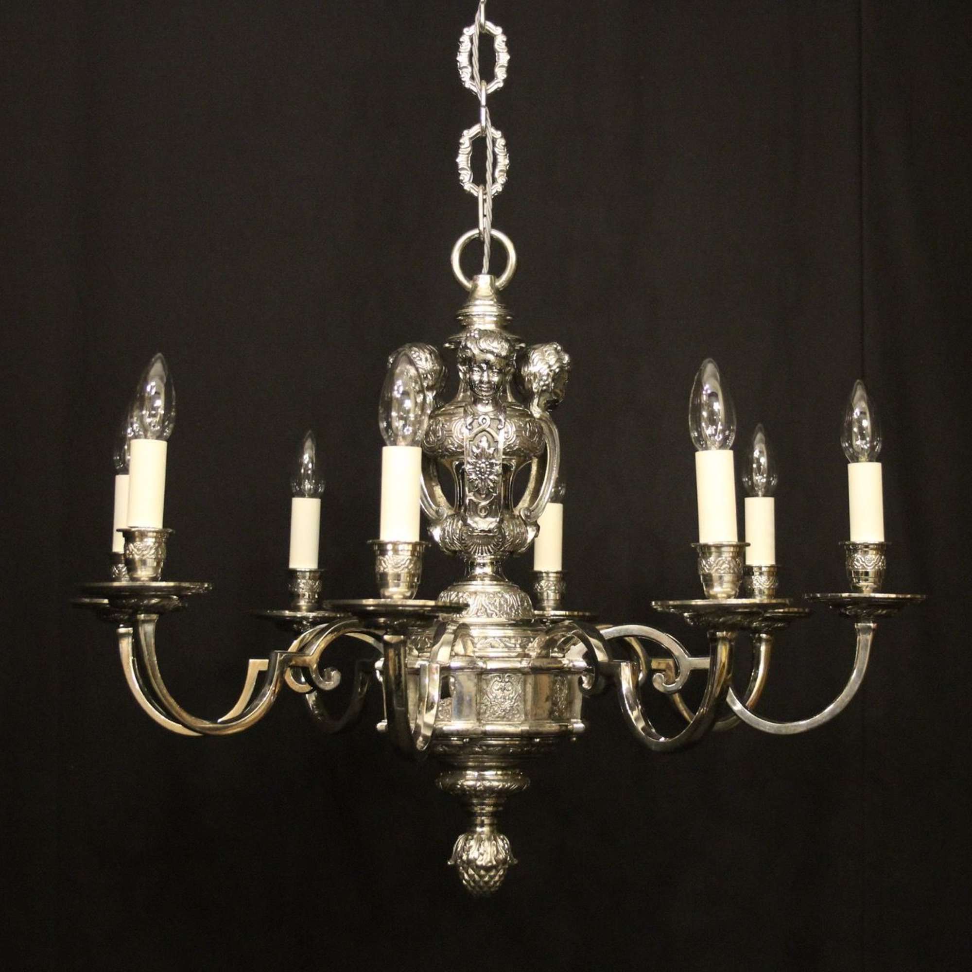 English Silver Plated 8 Light Antique Chandelier