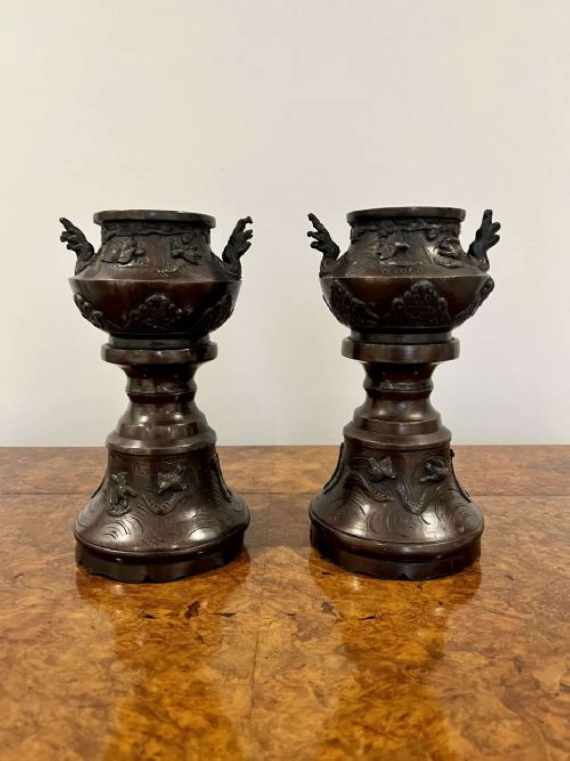 Quality Pair Of Antique Victorian Bronze Japanese Vases