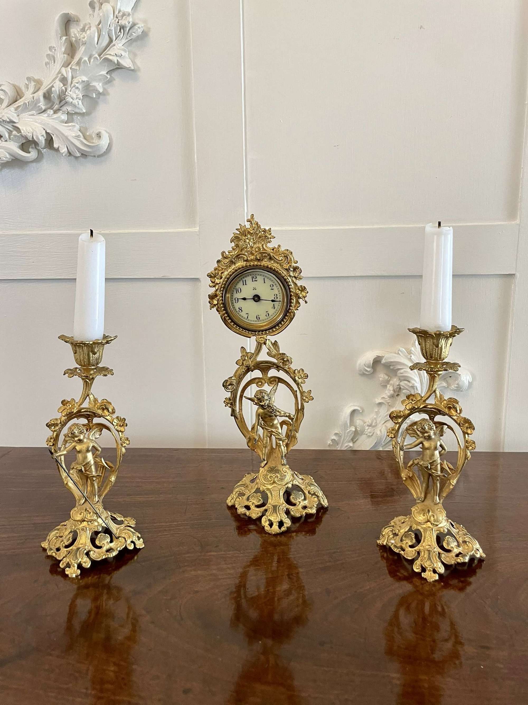 Fine Antique Victorian Ornate Gilded Clock Set