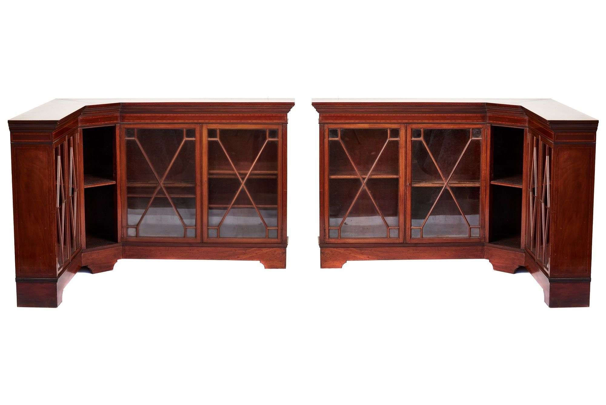 Pair Edwardian Inlaid Mahogany L Shaped  Corner Cabinets