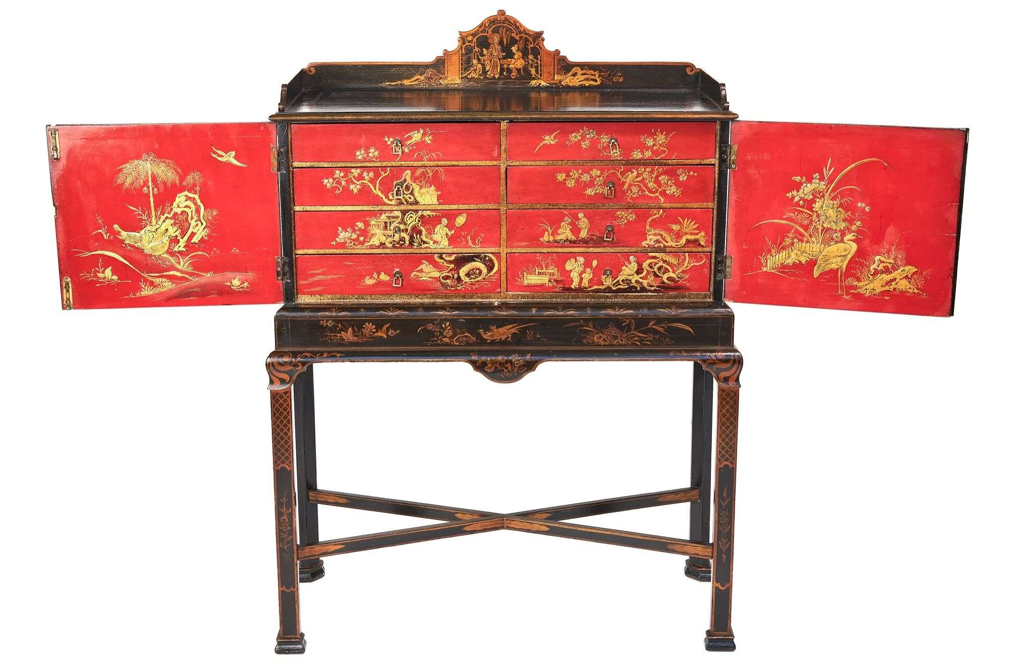 Fine Chinoiserie Decorated Fitted 8 Drawer Cabinet On Stand