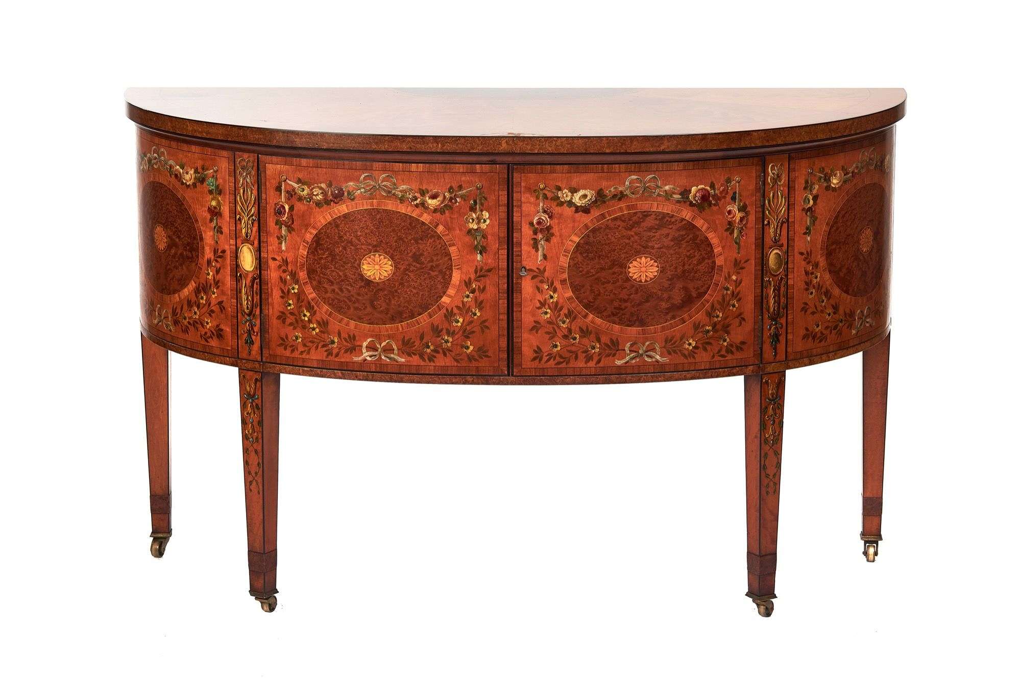 Fine Satinwood Inlaid & Painted 2 Door Commode By Maple & Co