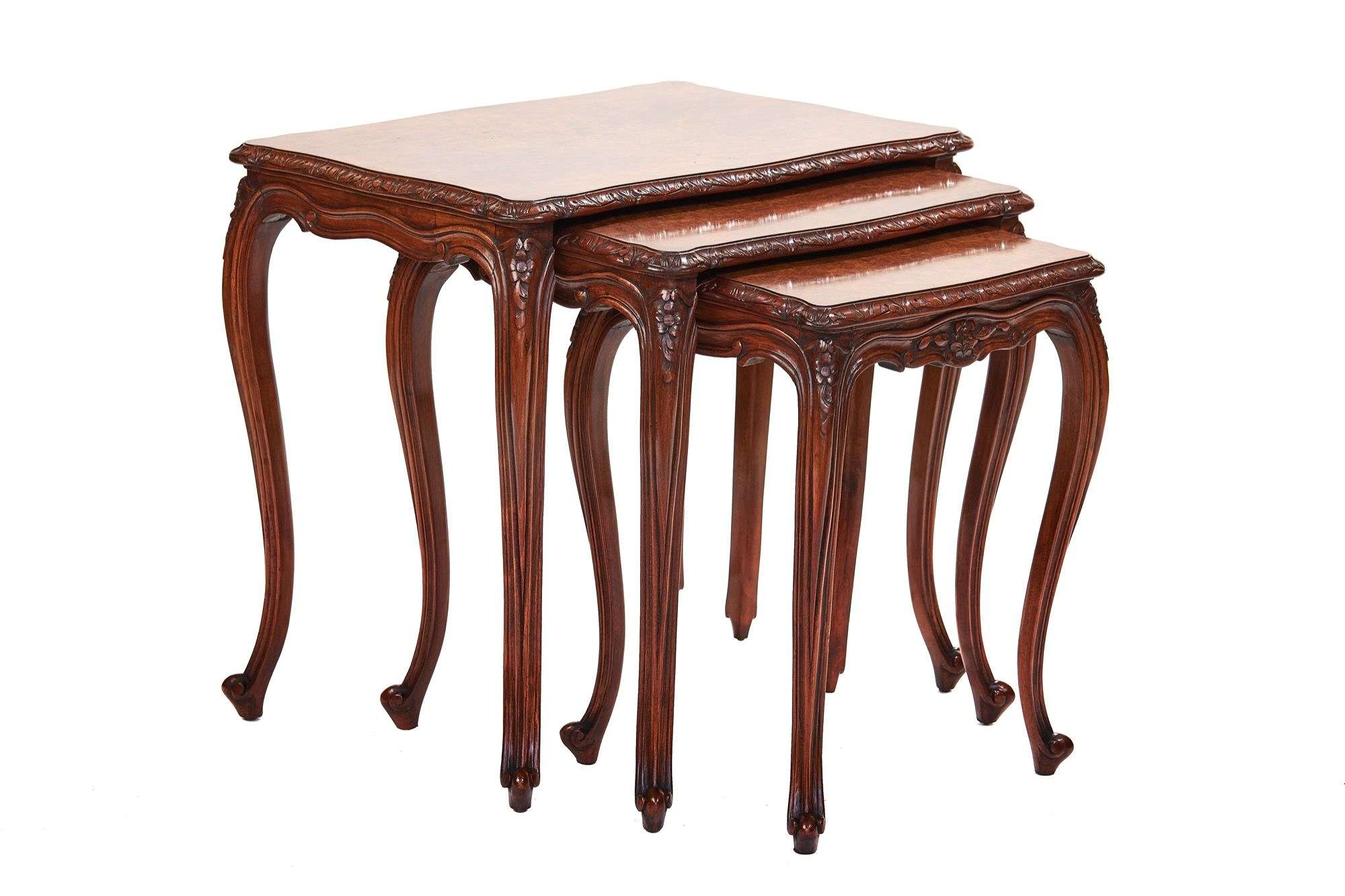 Antique Burr Walnut nest 3 tables, French cabriole shaped legs