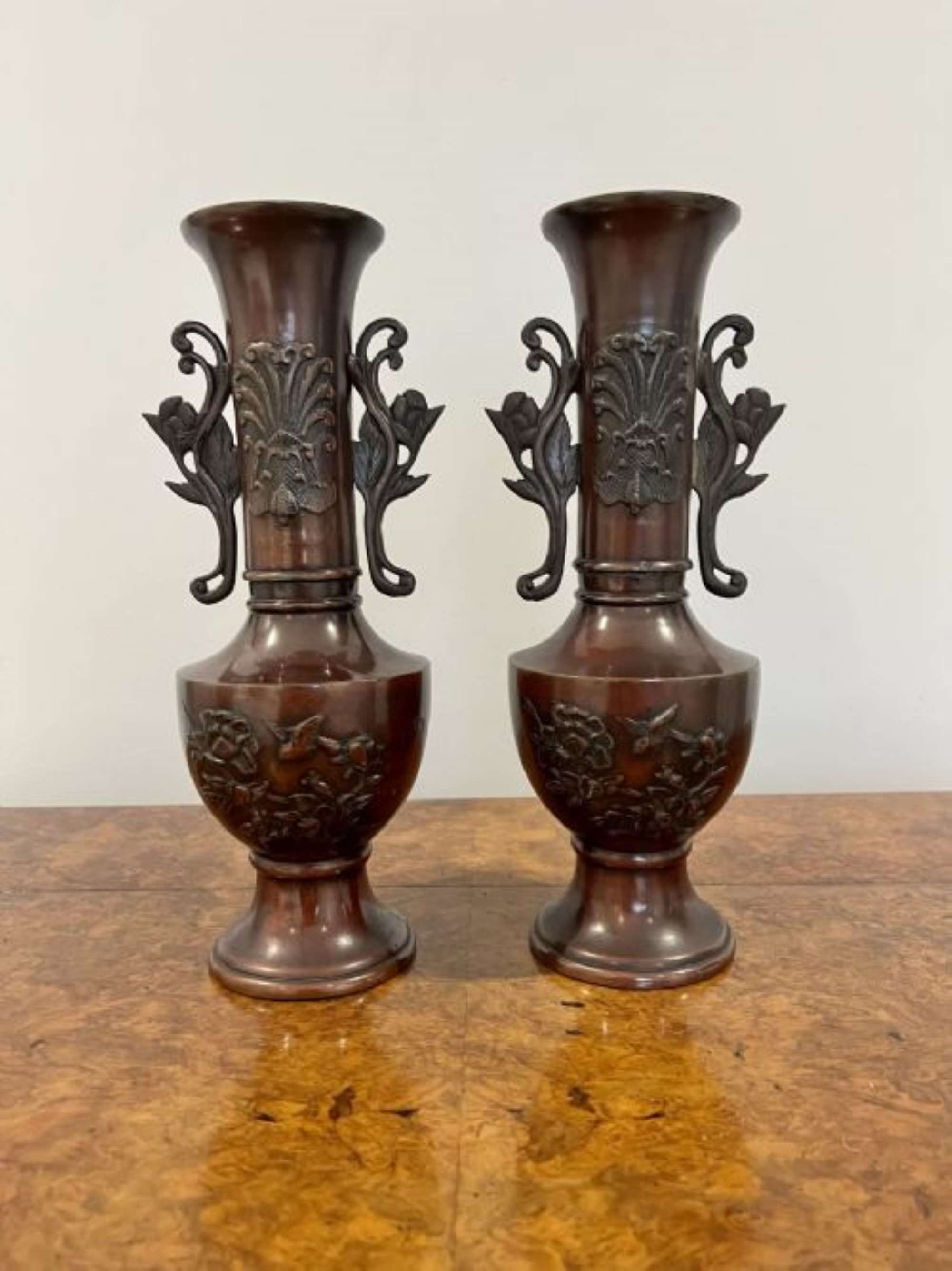 QUALITY PAIR OF ANTIQUE JAPANESE TWIN HANDLE BRONZE VASES