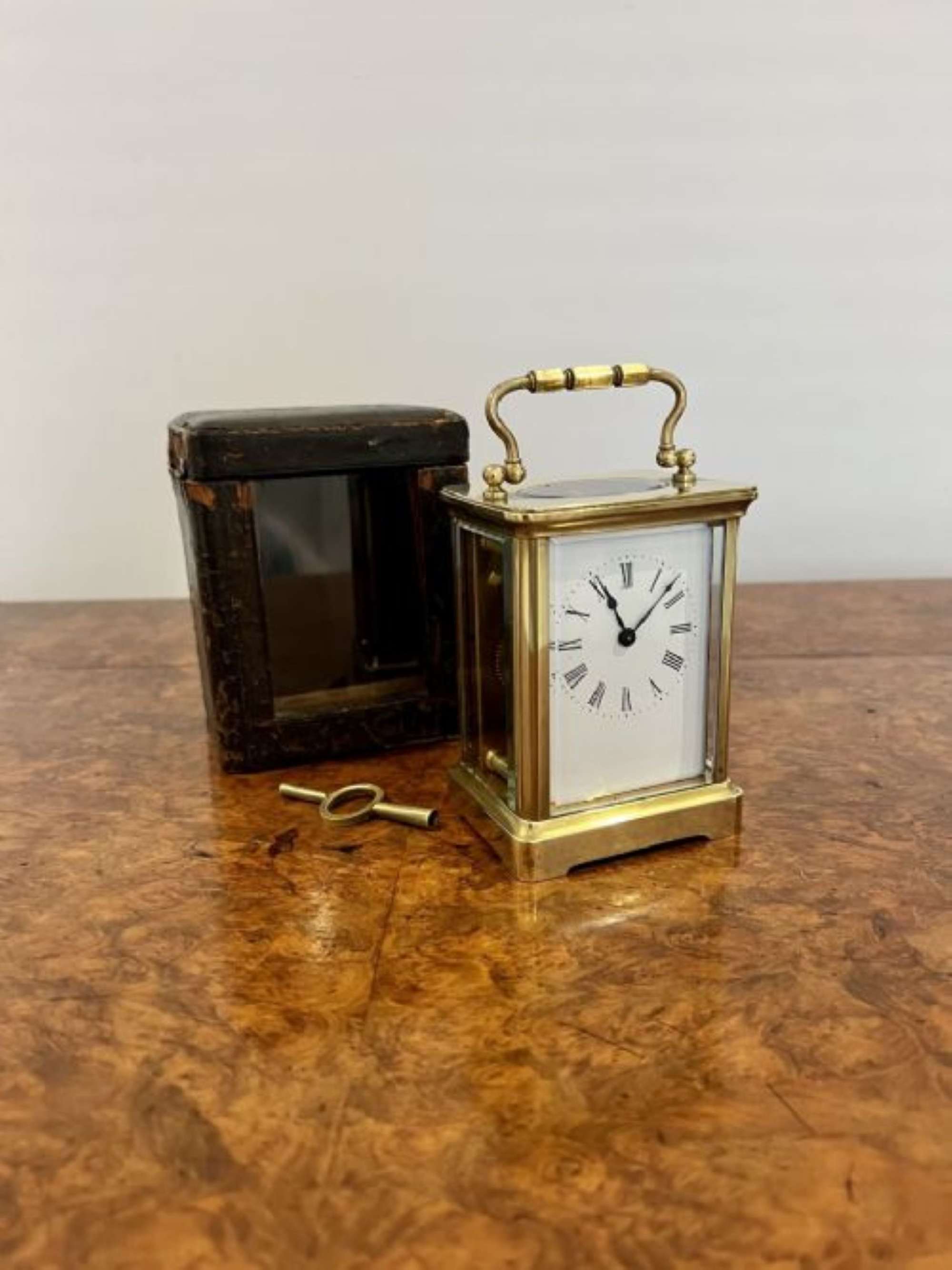 Antique Victorian quality brass carriage clock with original leather travelling case