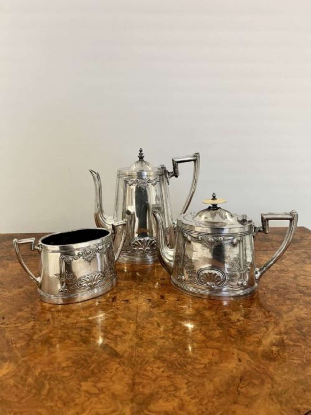 Antique Edwardian Ornate Silver Plated Three Piece Tea Set