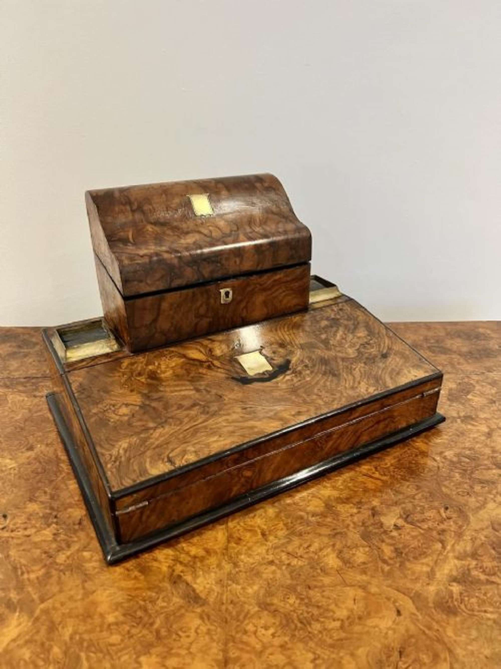 Unusual antique Victorian quality burr walnut writing box