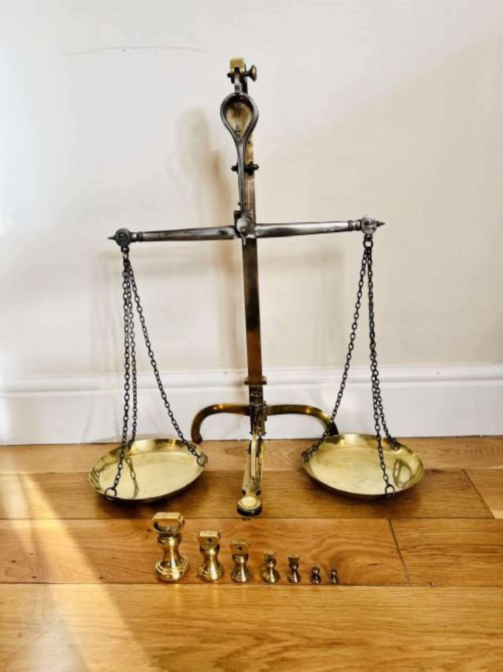 IMPRESSIVE UNUSUAL LARGE PAIR OF VICTORIAN BRASS BEAM SCALES AND BELL