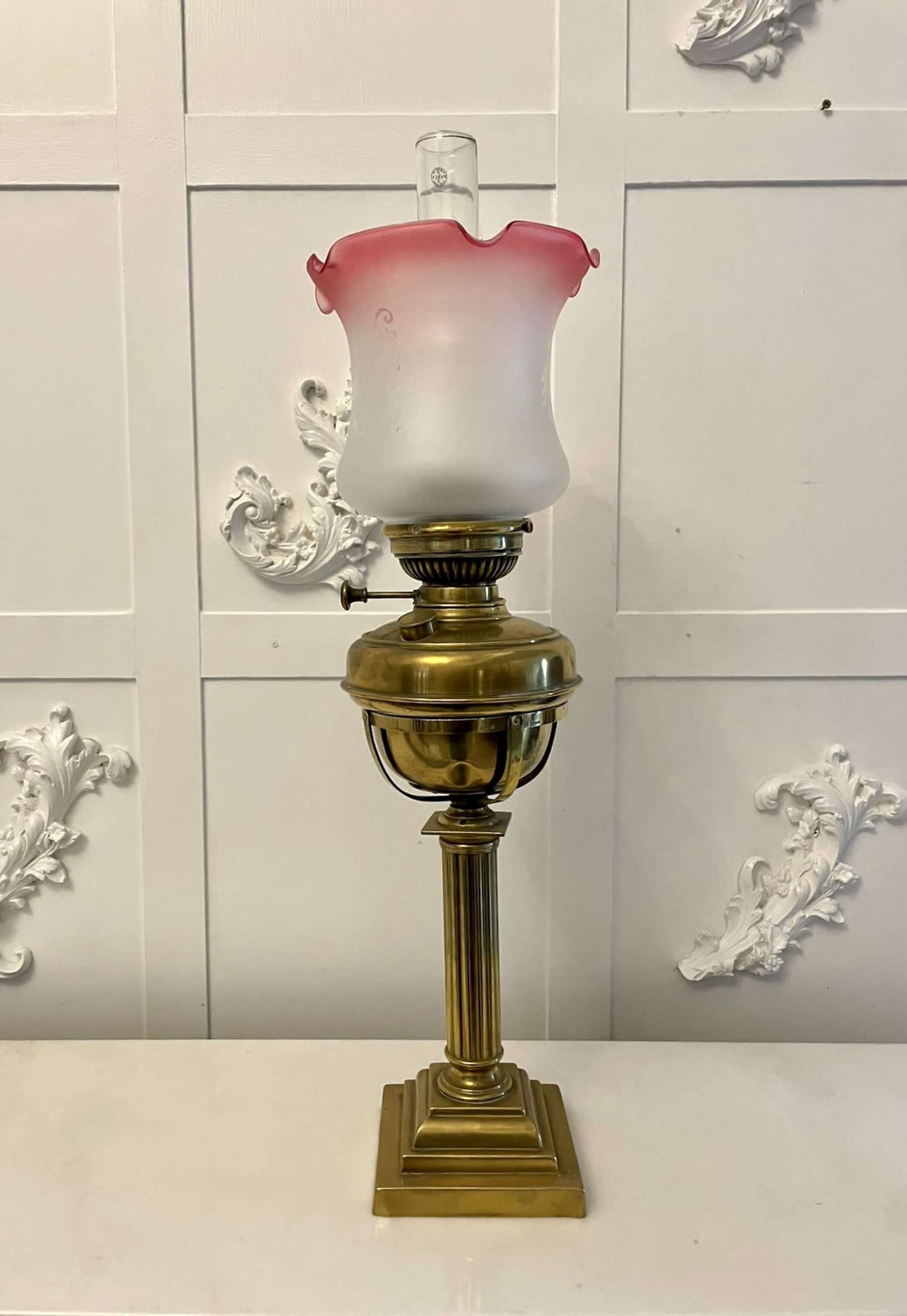 Antique Victorian Reeded Column Brass Oil Lamp