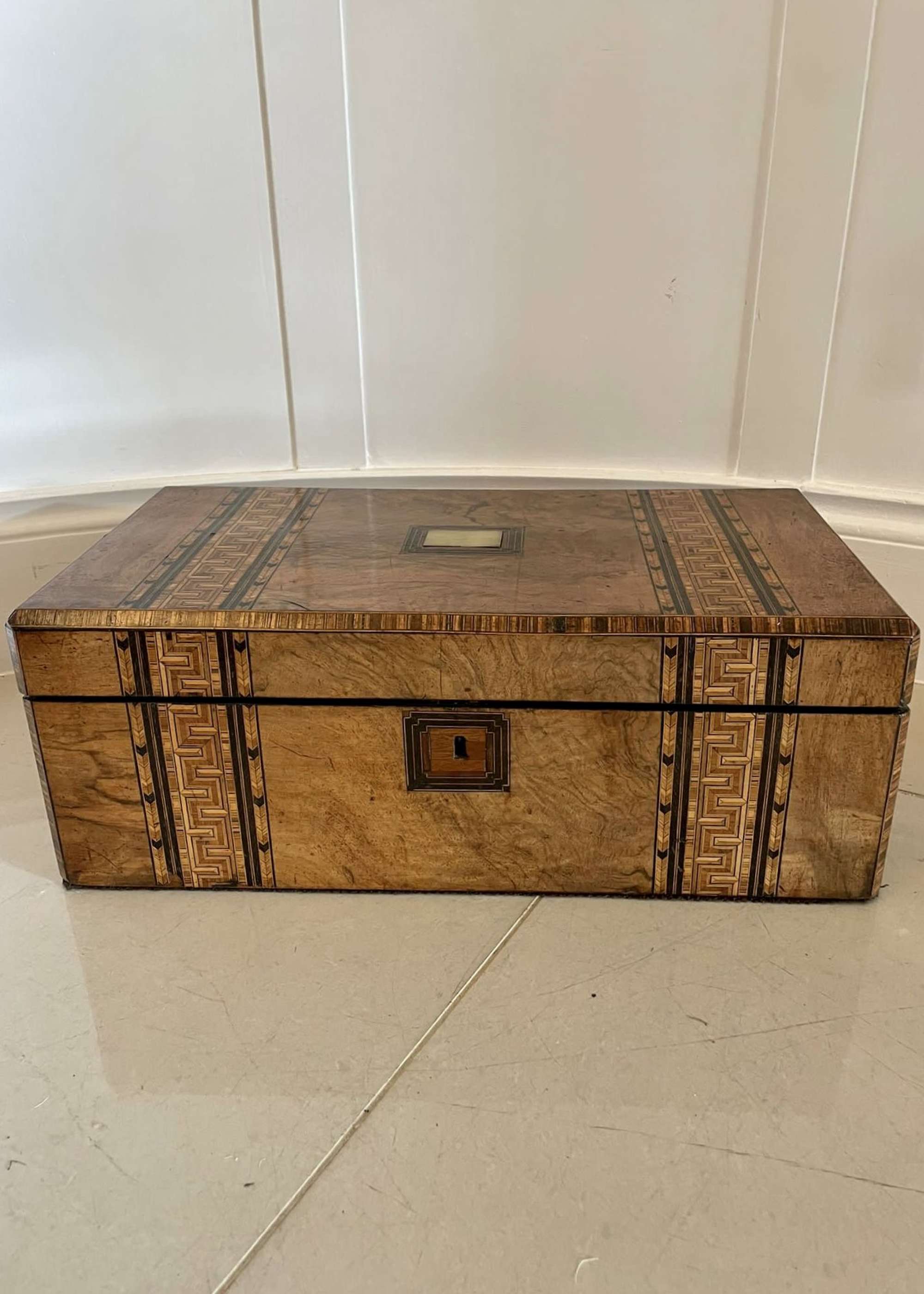 Large Antique Victorian Quality Burr Walnut Parquetry Inlaid Writing Box
