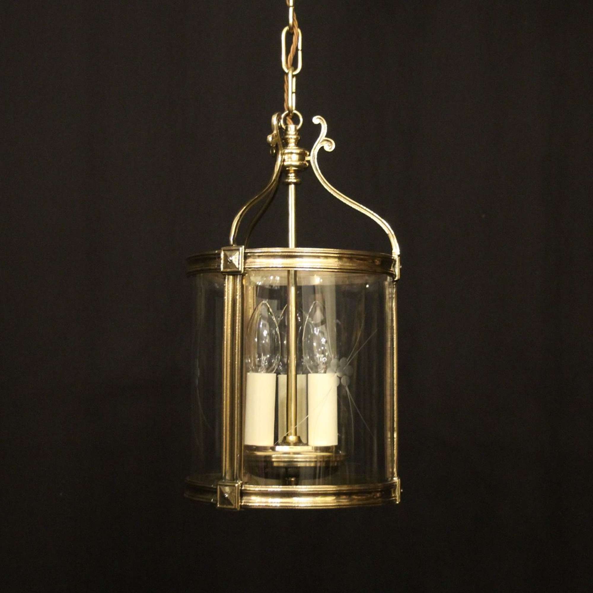 French Brass Triple Light Convex Hall Lantern
