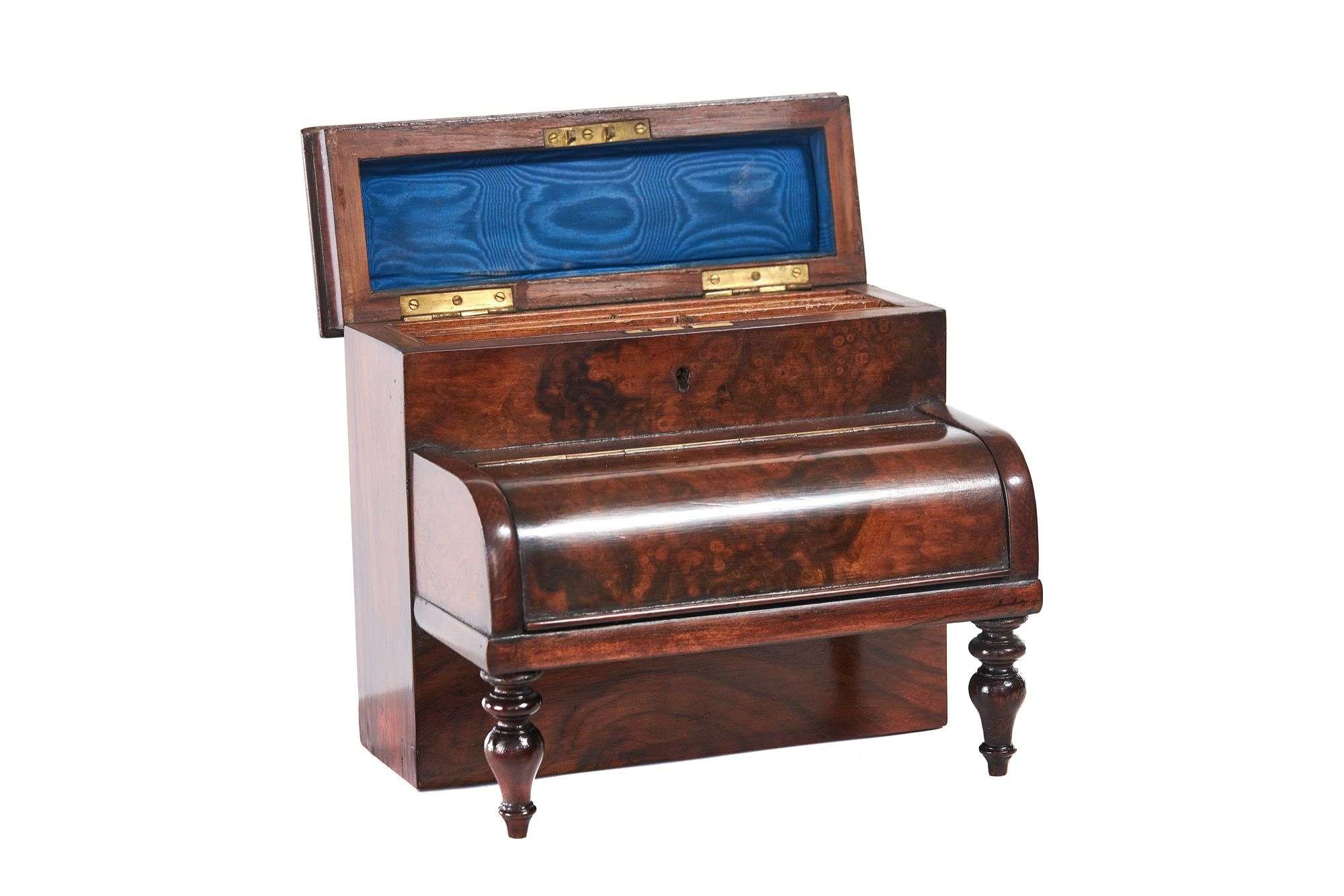 Victorian Burr walnut desk stand in the form of upright piano