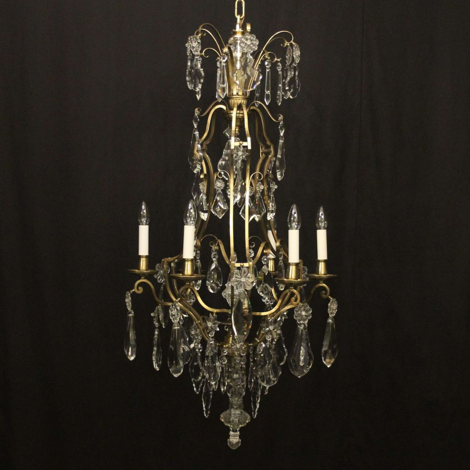French Brass & Crystal 6 Light Antique Chandelier