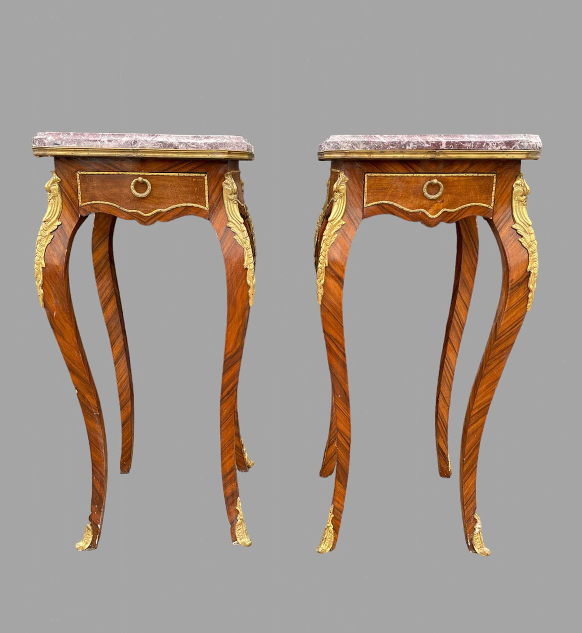A Pair Kingwood Marble Topped Bedside Tables