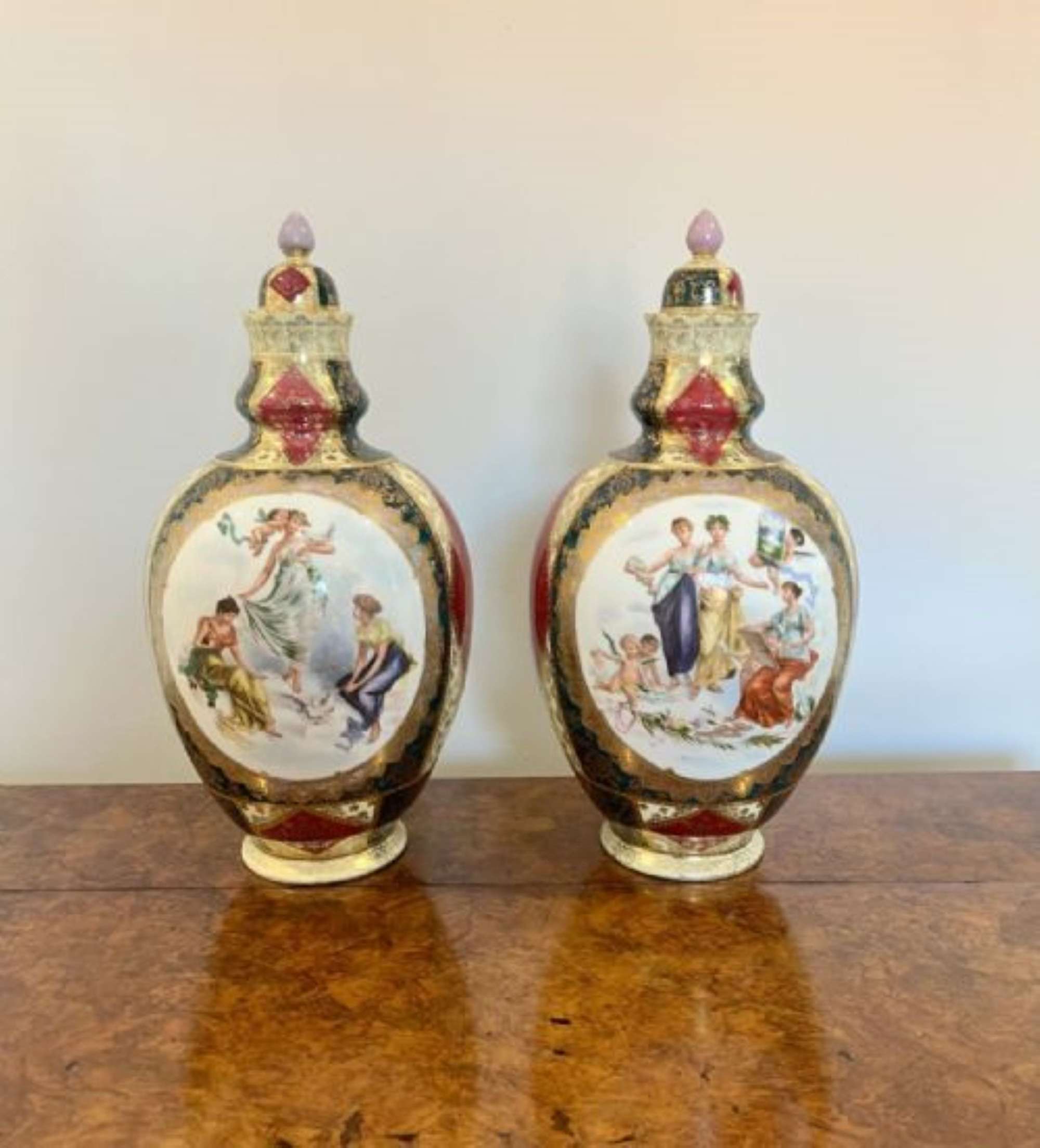 Wonderful Pair Of Antique Victorian Quality Porcelain Lidded Vases