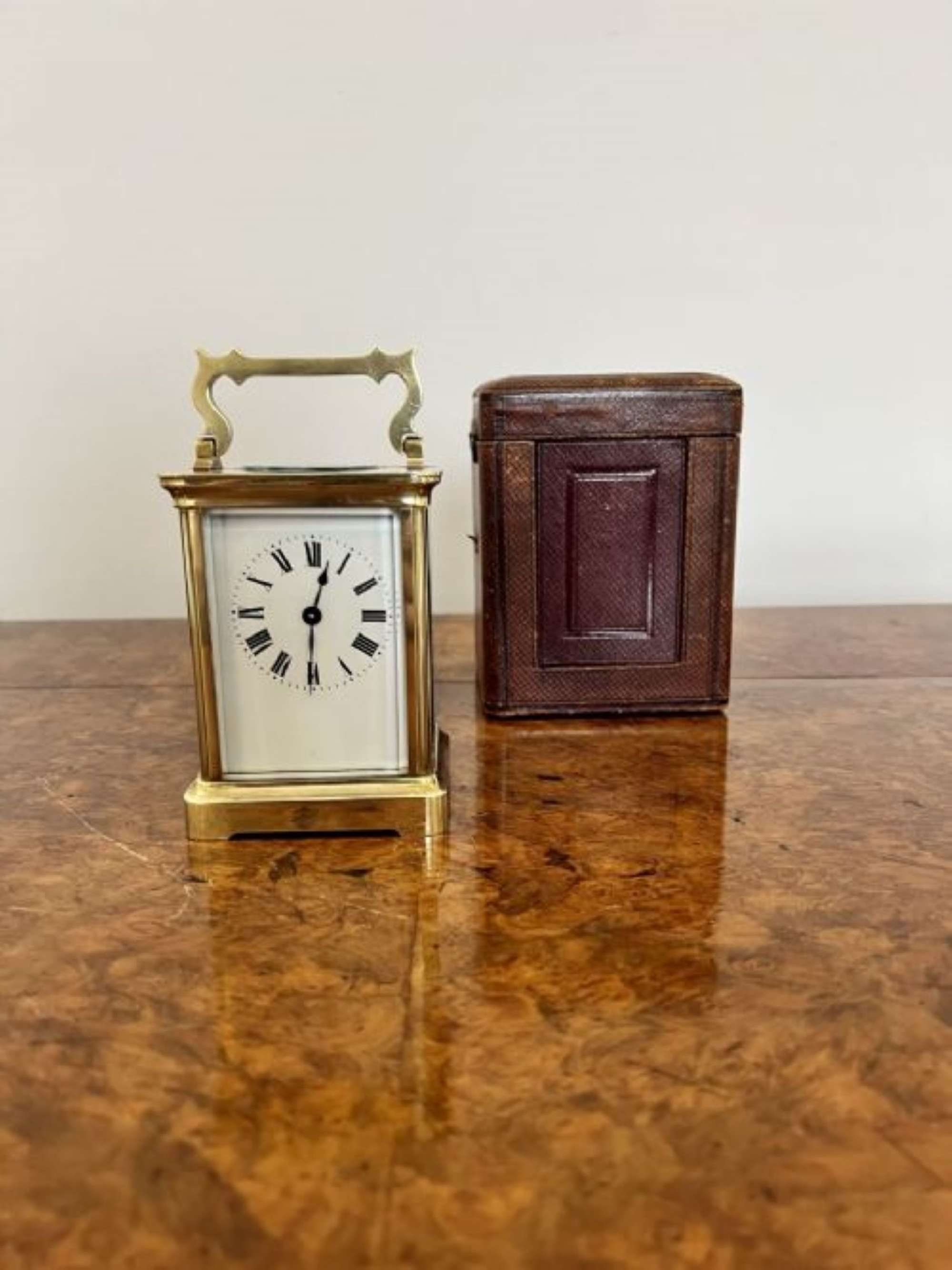 Antique Victorian Quality Brass Carriage Clock With Original Leather Travelling Case