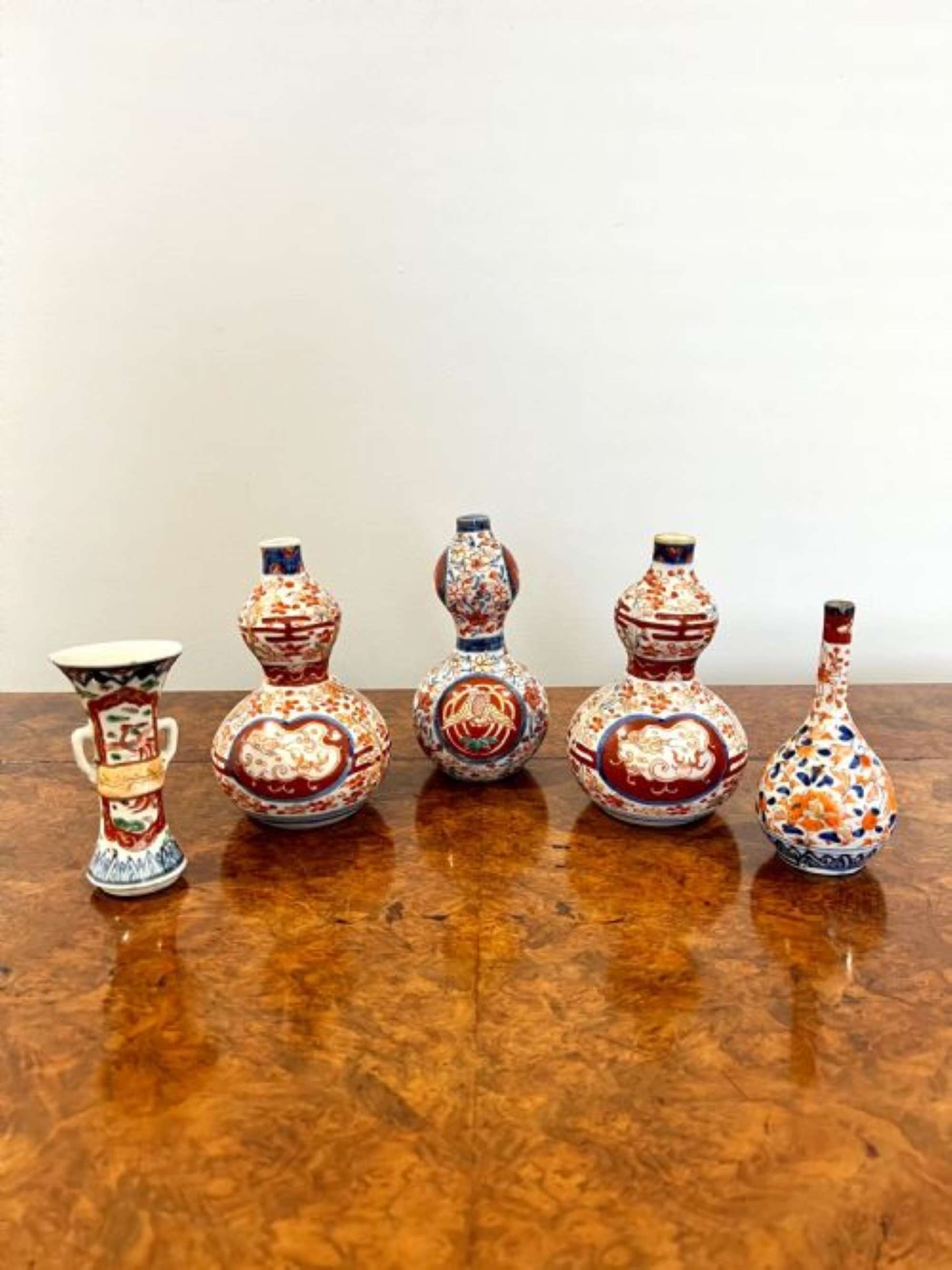 Quality Collection Of Five Small Antique Japanese Shaped Imari Vases