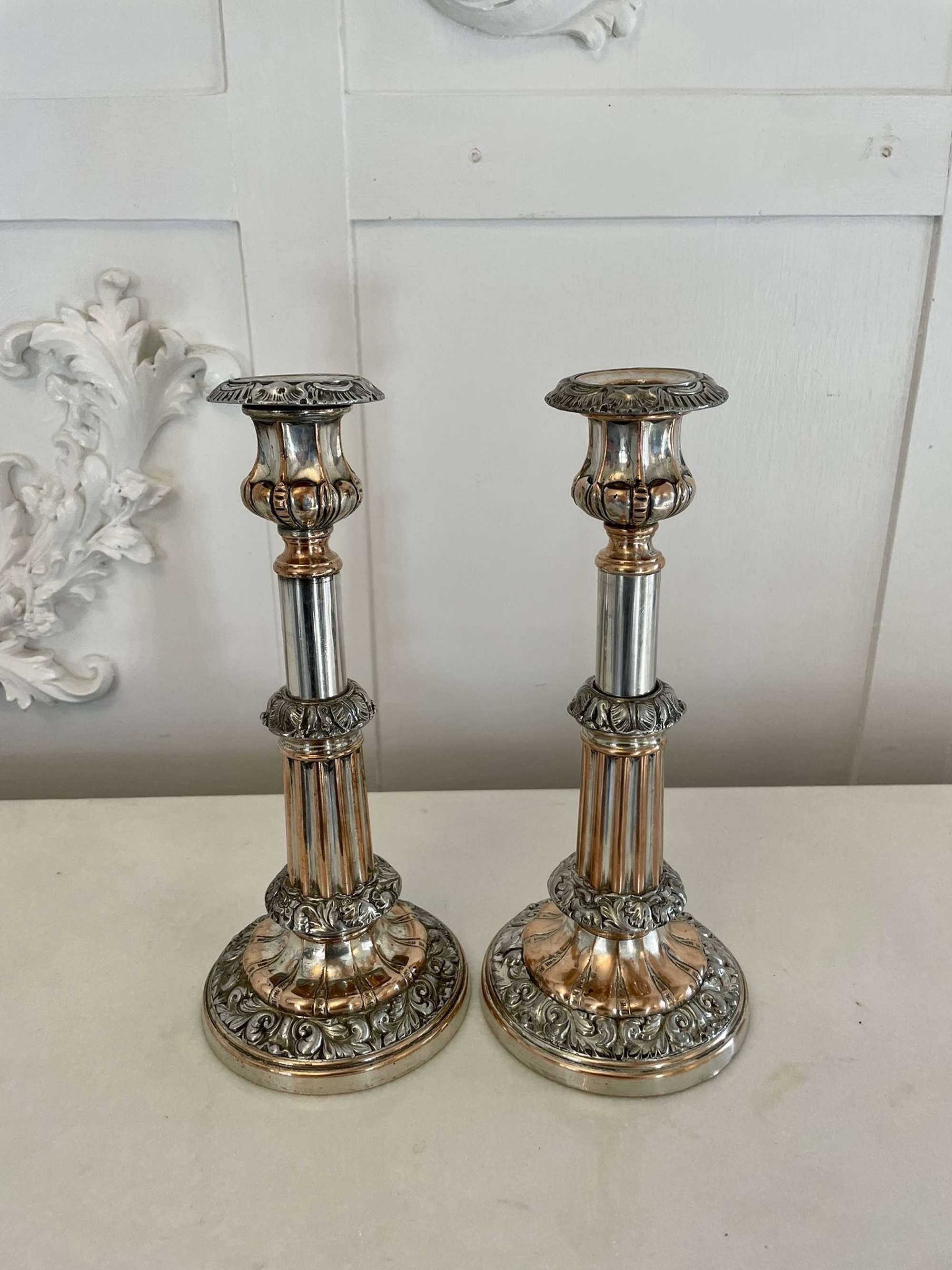 Unusual Pair Of Antique George Iii Quality Sheffield Plated Telescopic Candlesticks
