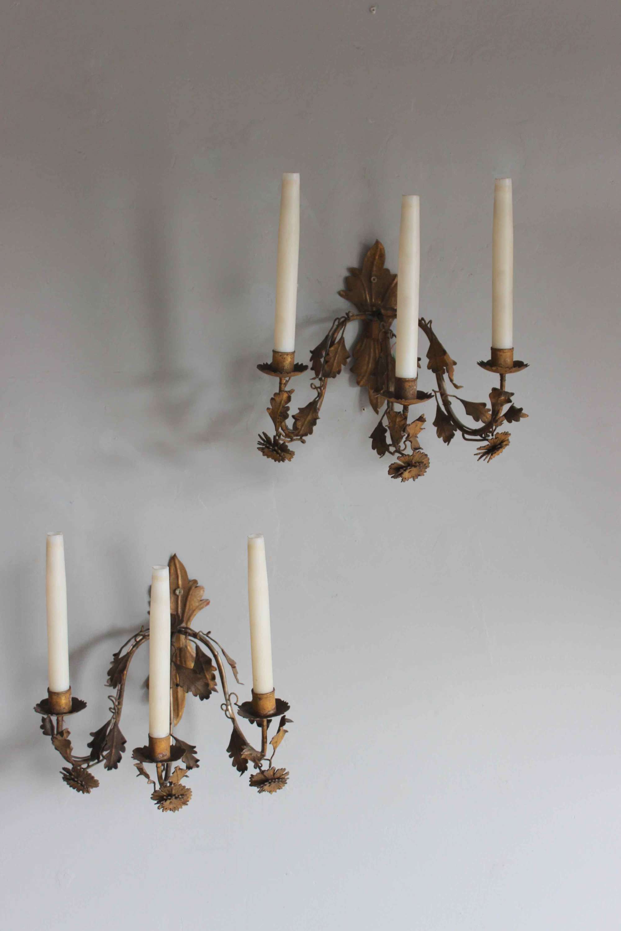 Pair of three branch  italian  wall light in the naturalistic manner
