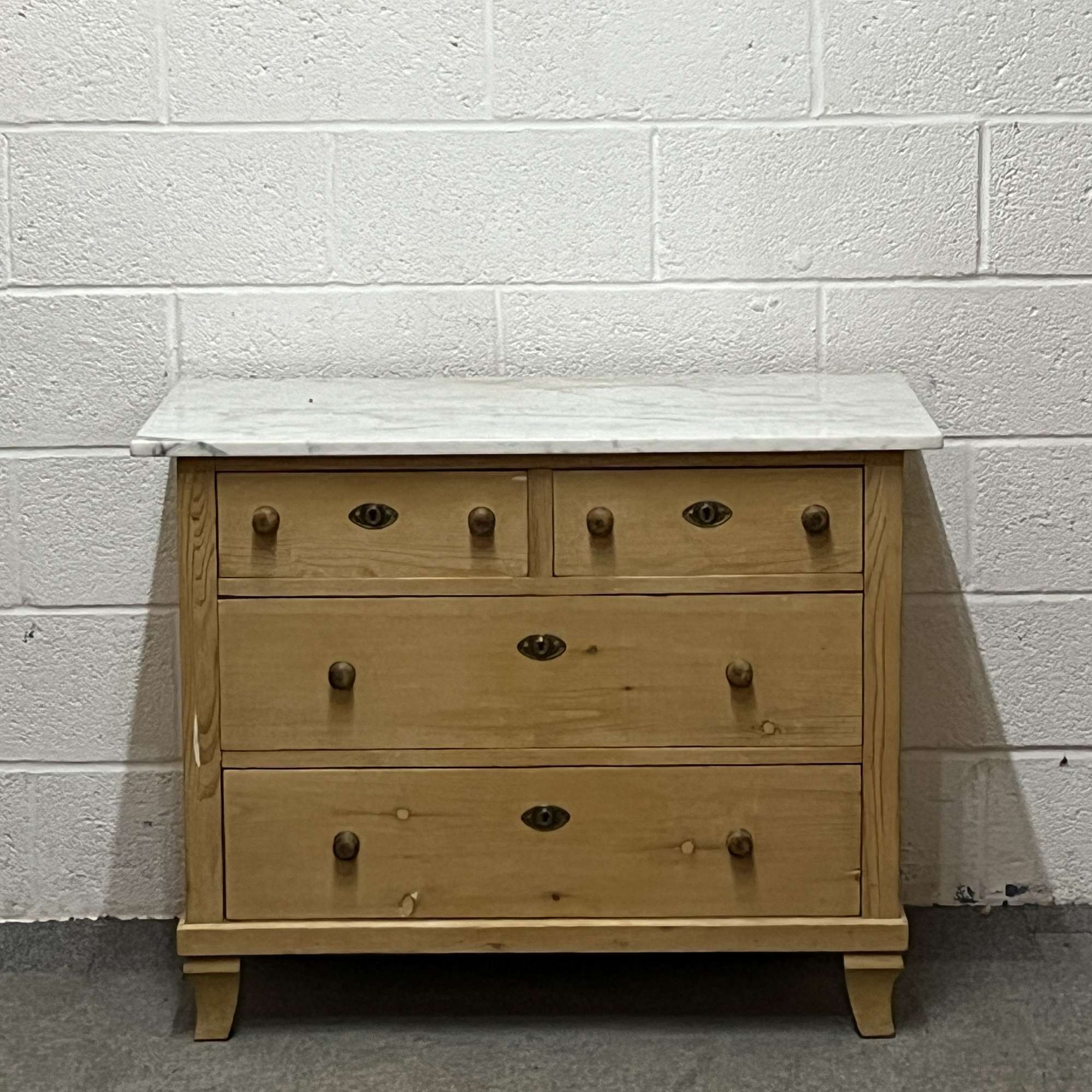 Small Marble Top Edwardian Pine Antique Chest Of Drawers