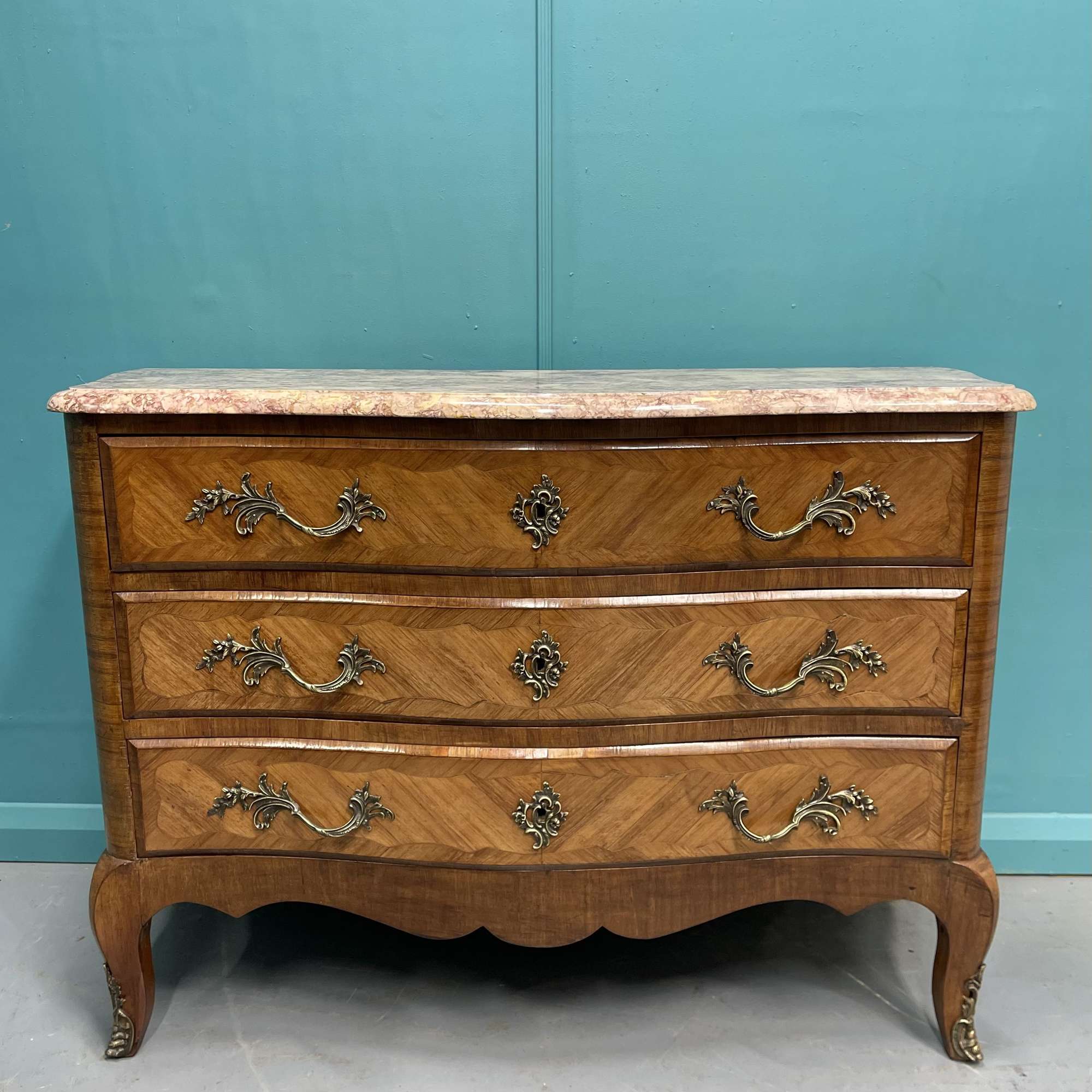 French Rouge Marble Top Bombe Commode