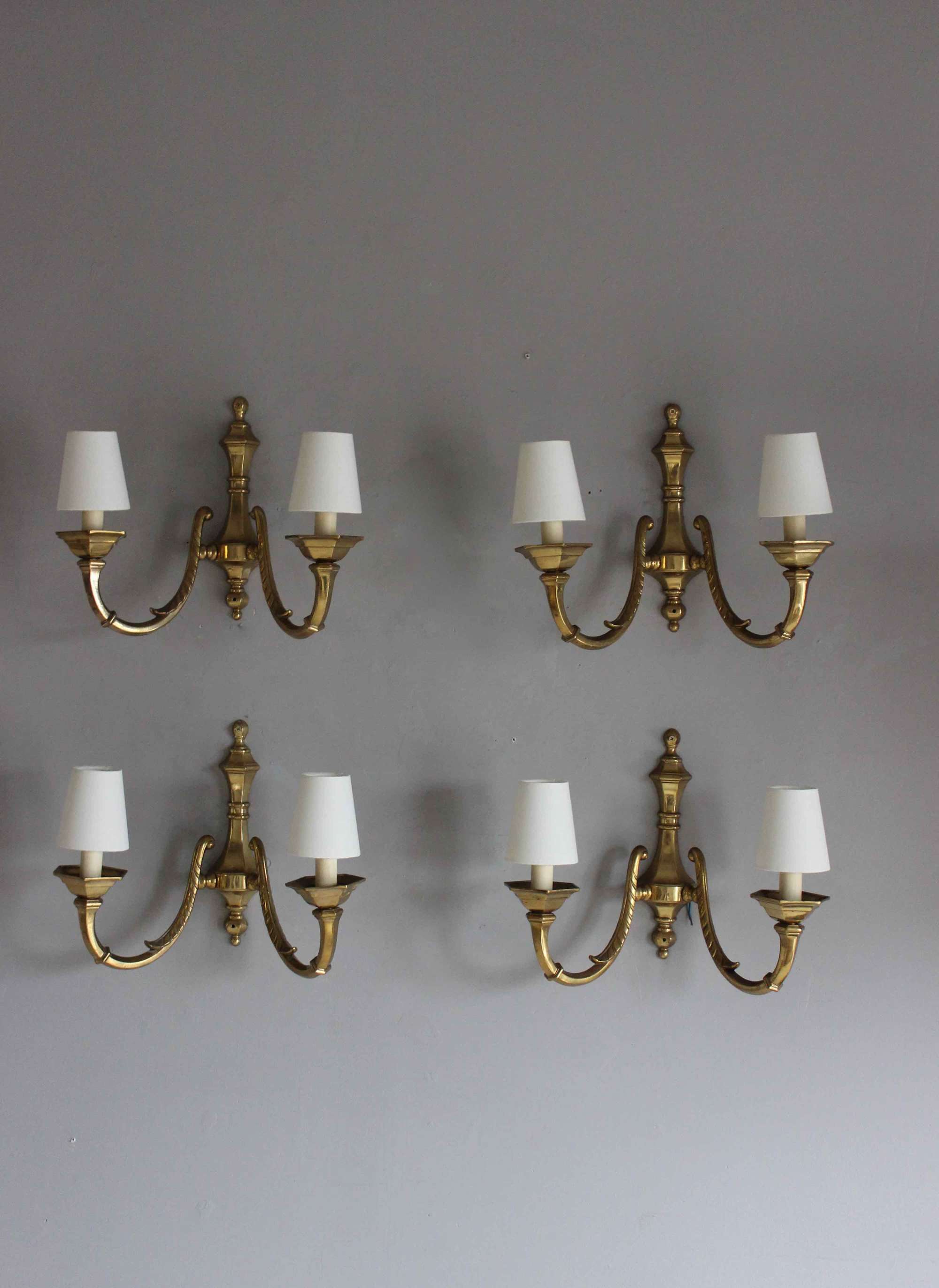 Set of 4  English C1930s wide arm twin branch wall lights
