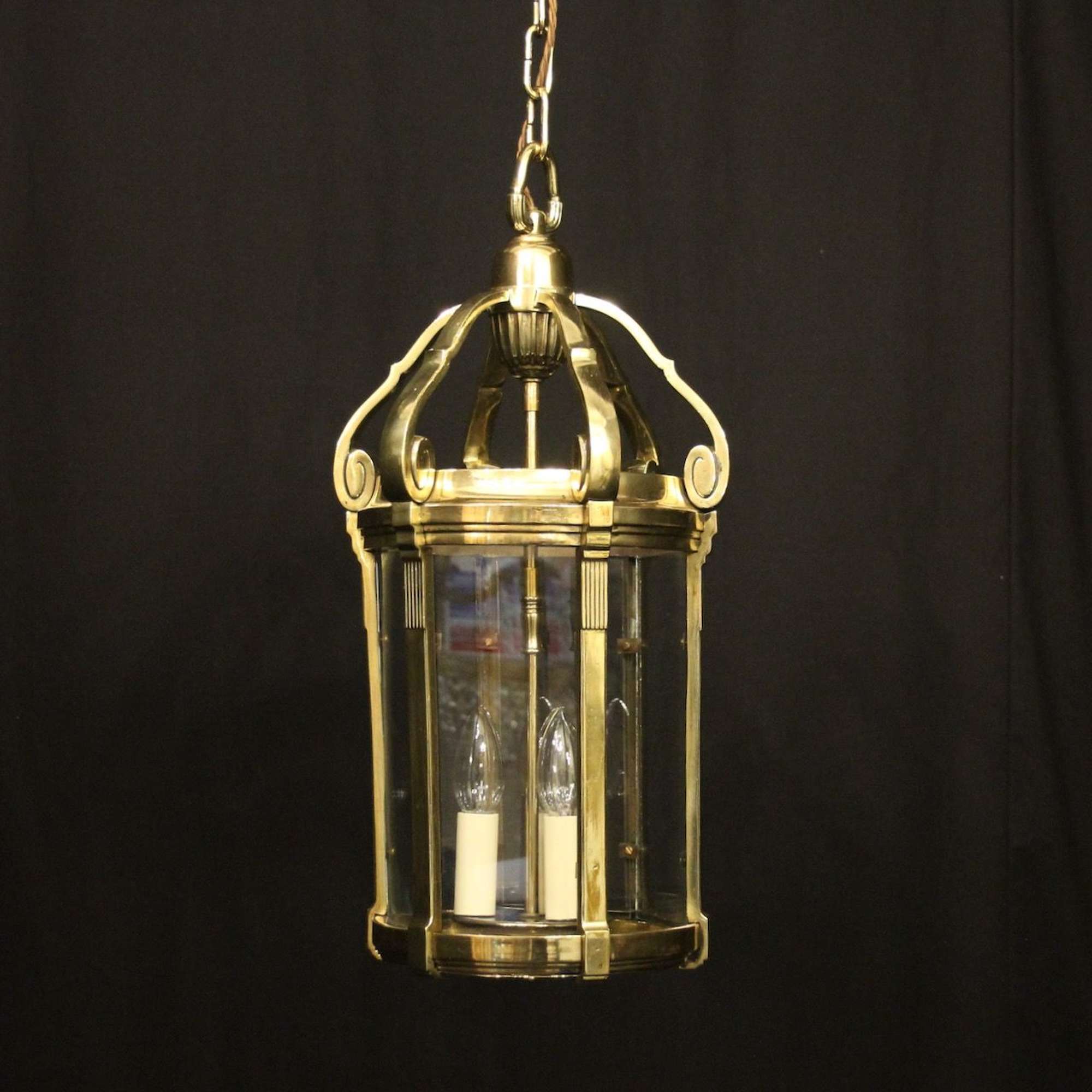 French Brass Triple Light Antique Hall Lantern