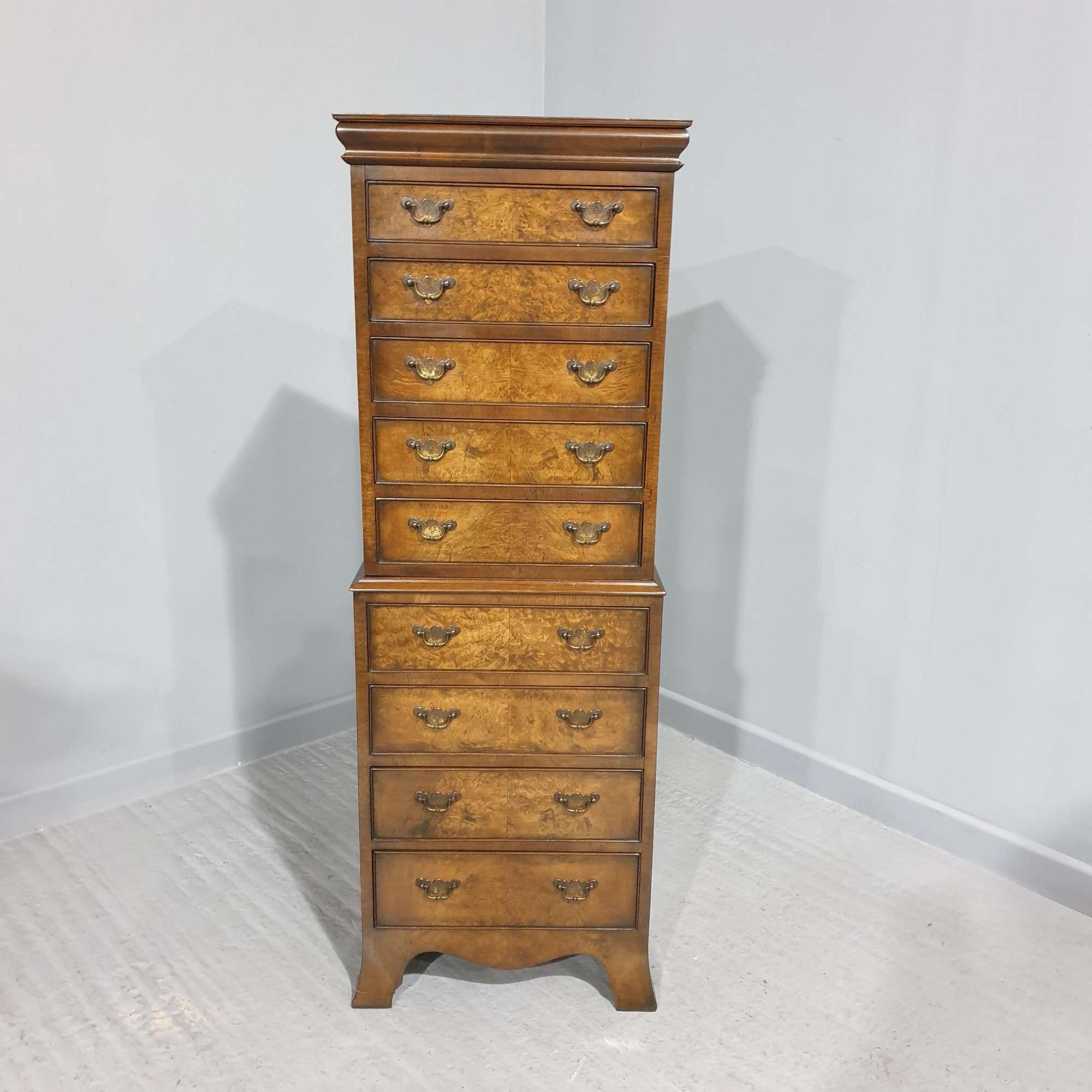 Burr Walnut Chest On Chest Of Drawers Of Small Proportions