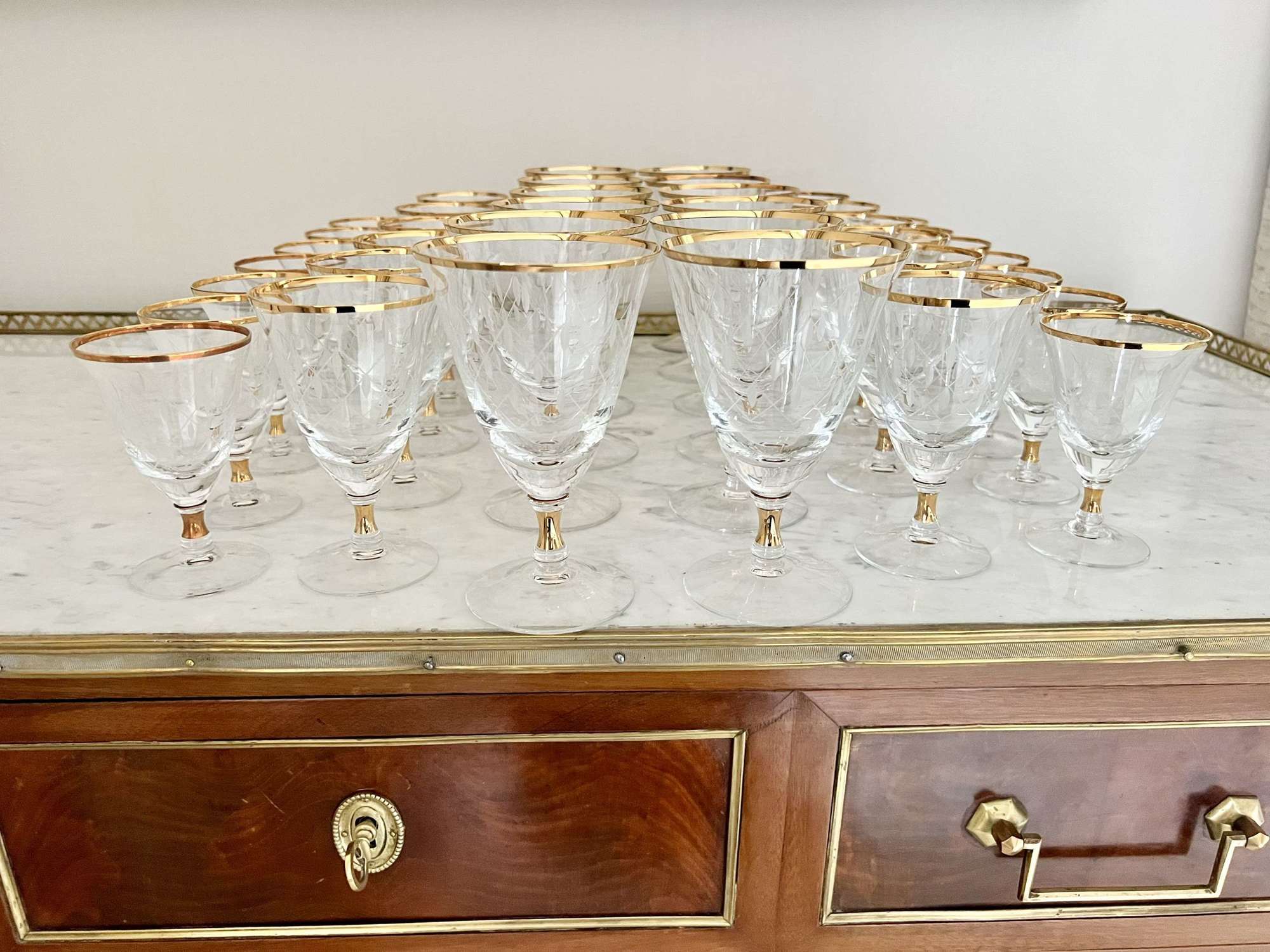 Suite Of 38 French Gold & Etched Wine Glasses 1950s