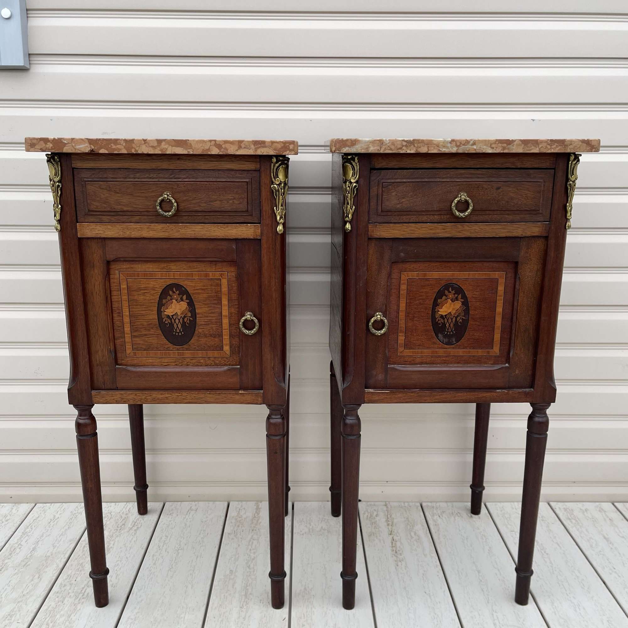 Pair Of French Marble Top Antique Bedside Cabinets