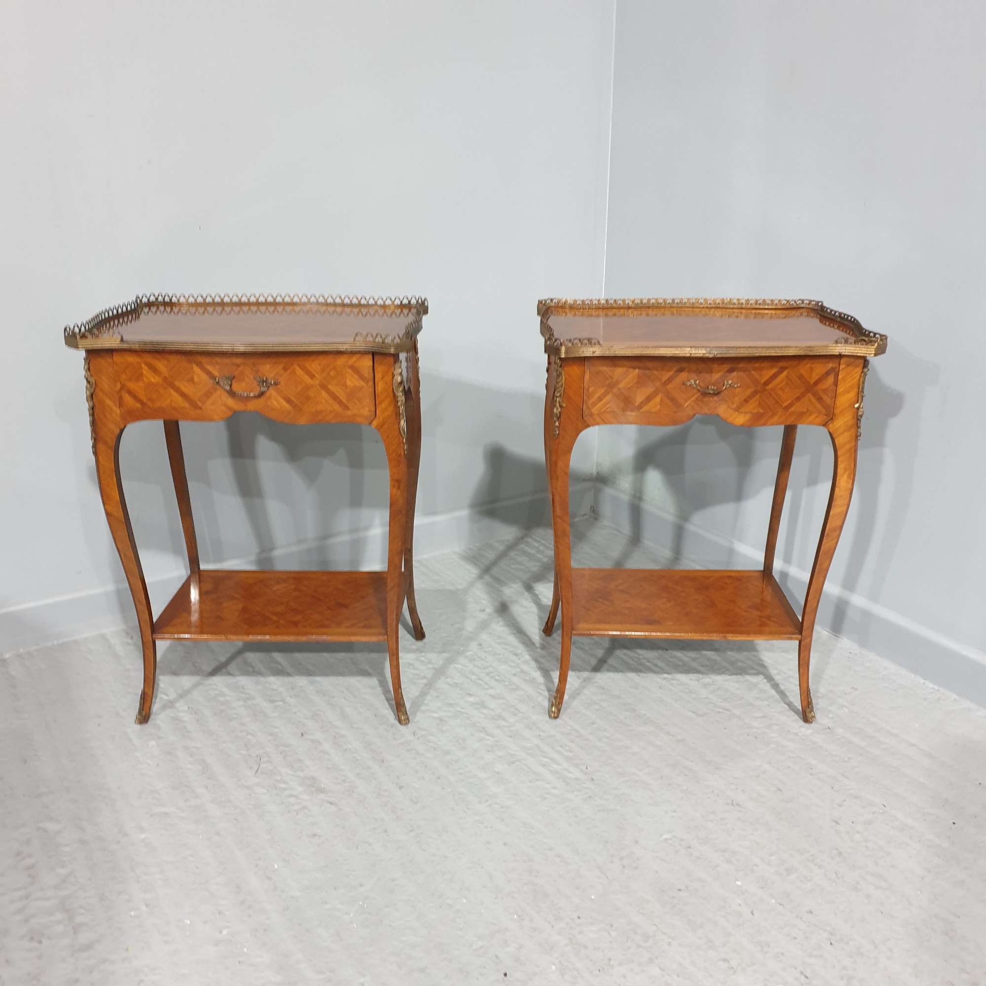 Pair French Parquetry Lamp Side Tables