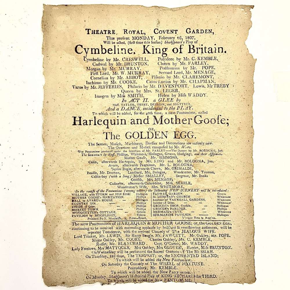 George III Playbill for Shakespeare&rsquo;s &ldquo;Cymbeline&rdquo; & "Harlequin" etc