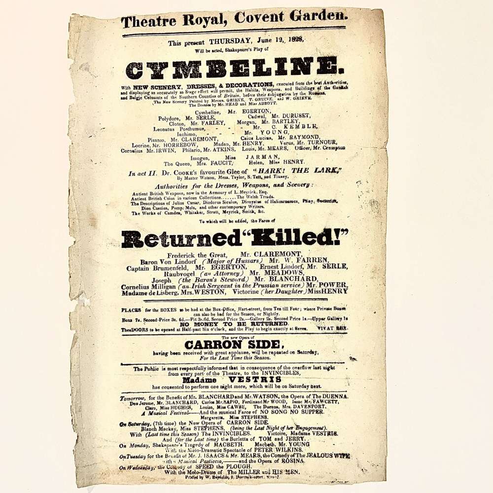 George IV Playbill Shakespeare &ldquo;Cymbeline&rdquo; & "Returned &lsquo;Killed!&rsquo;" etc