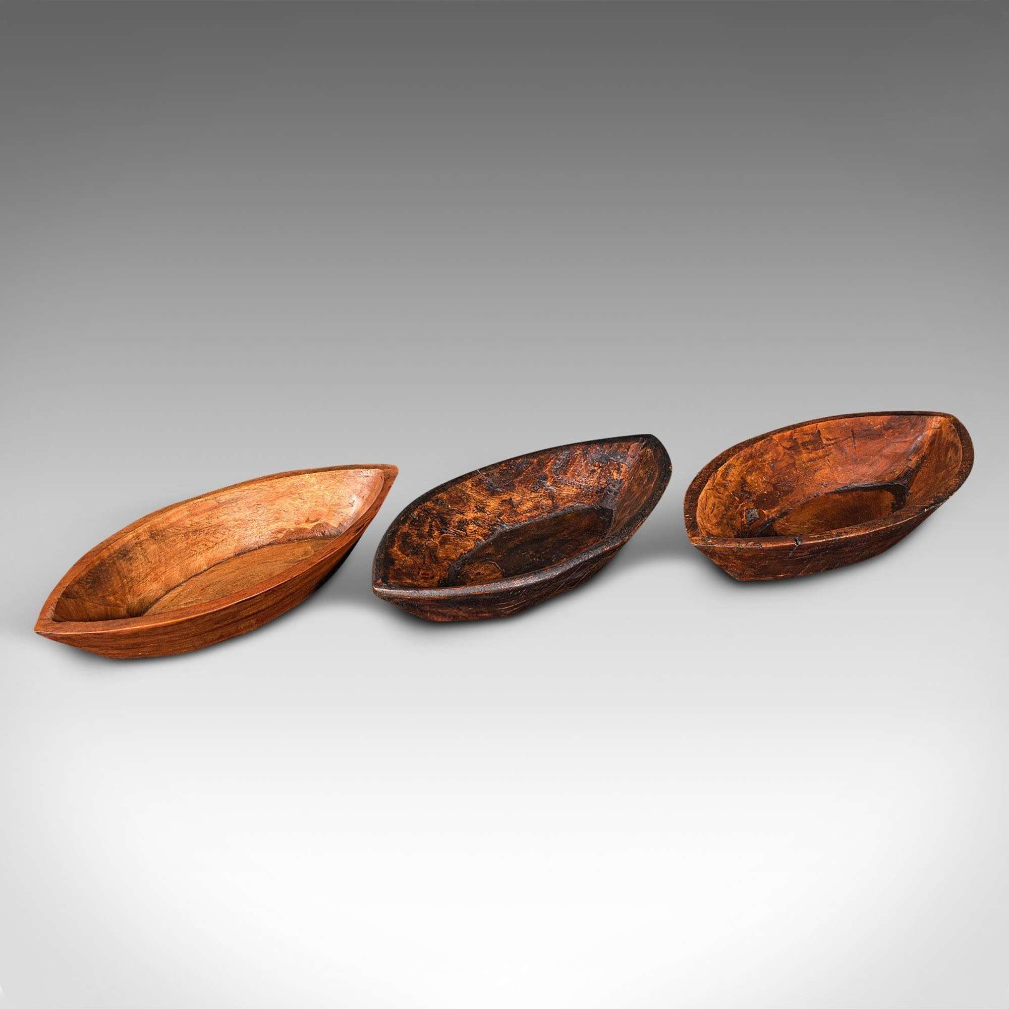 Trio Of Antique Peasant Bowls, Indian, Hand Carved, Oval Dish, Victorian, C.1900