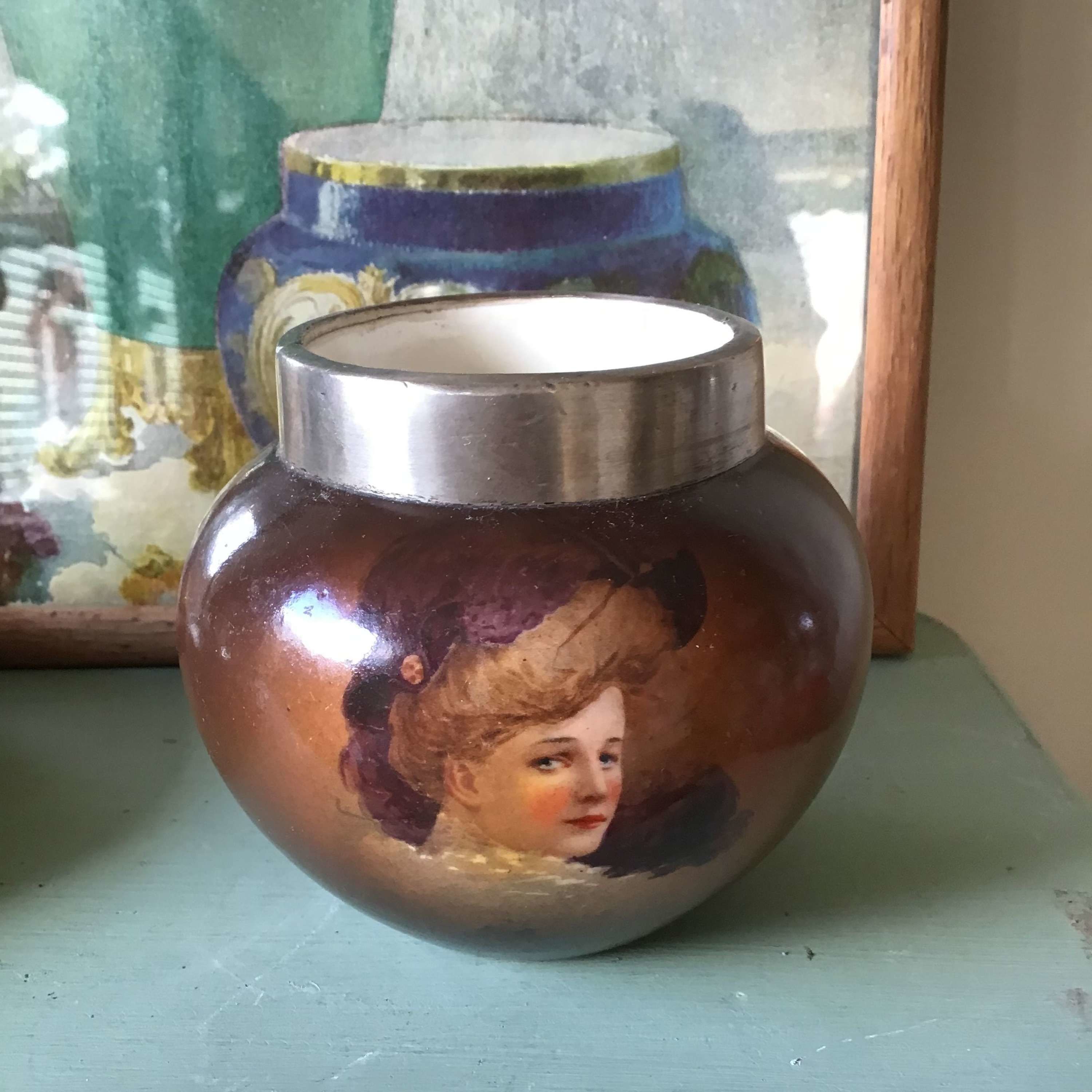 1915 h/m London silver rim jar with hand painted Gibson girl