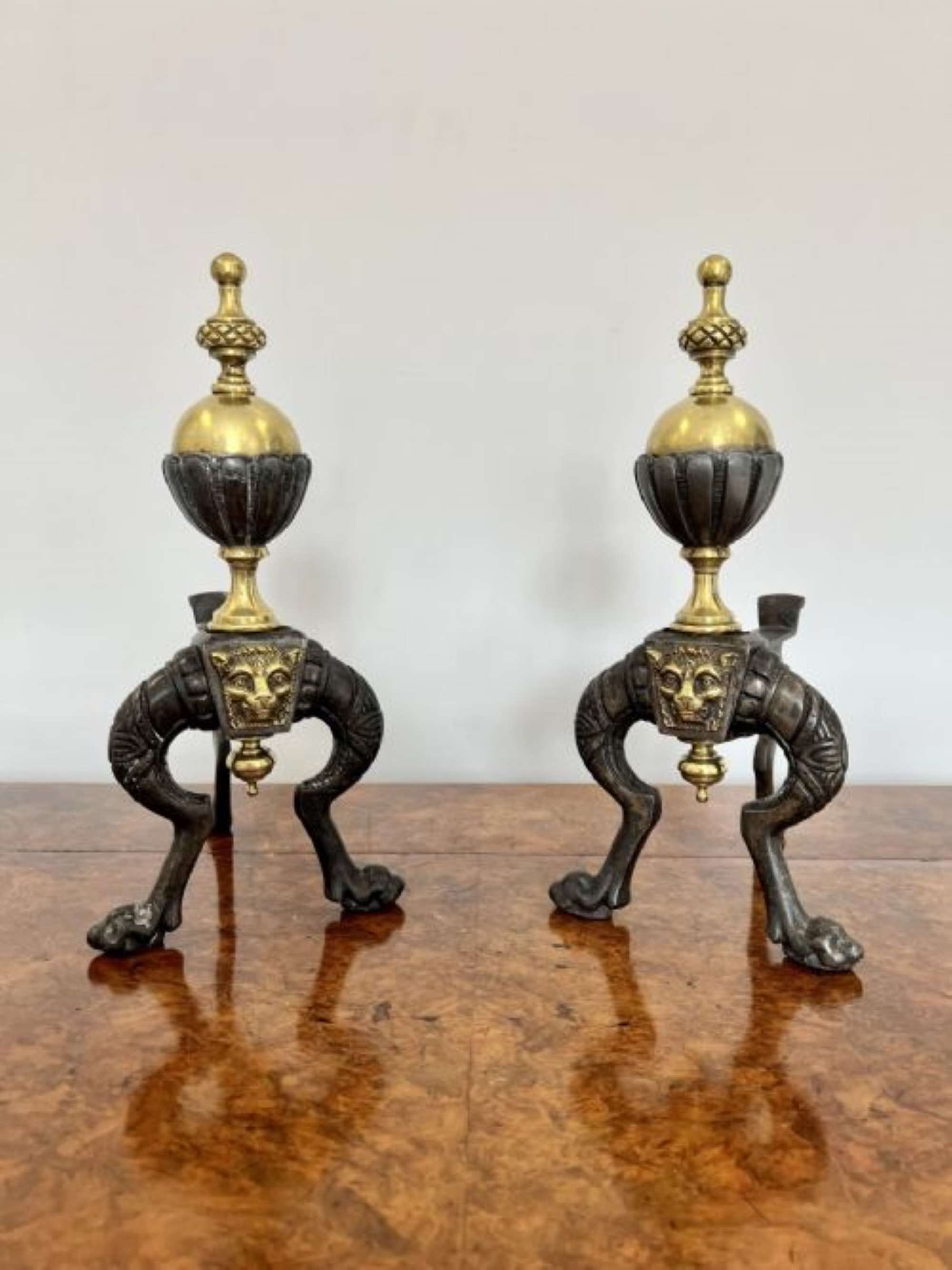 Pair Of Quality Antique Victorian Brass And Iron Fire Dogs