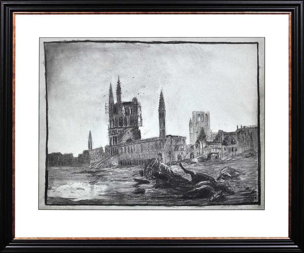 Leopold Halvoet D.1918. Belgian Soldier Trench Art Charcoal Drawing. Arras, France 1915.