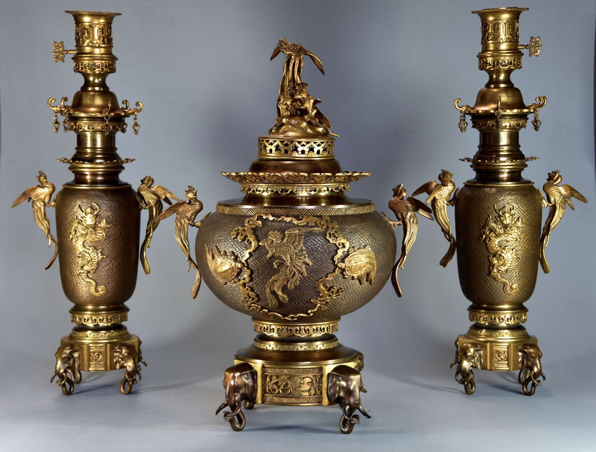 Fine quality French Japonisme style bronze incense burner set
