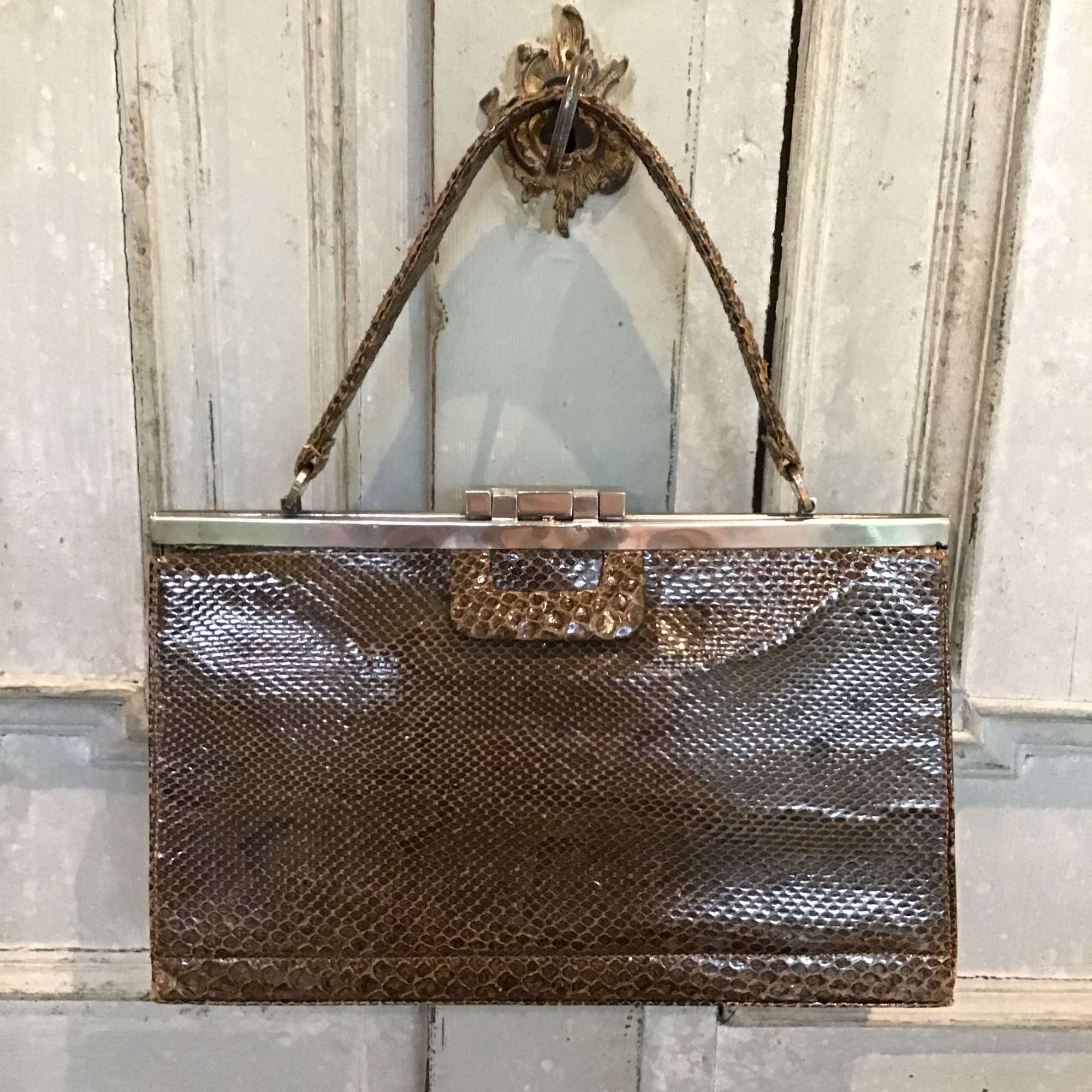 Vintage 1940s taupe/brown snakeskin handbag with silver hardware