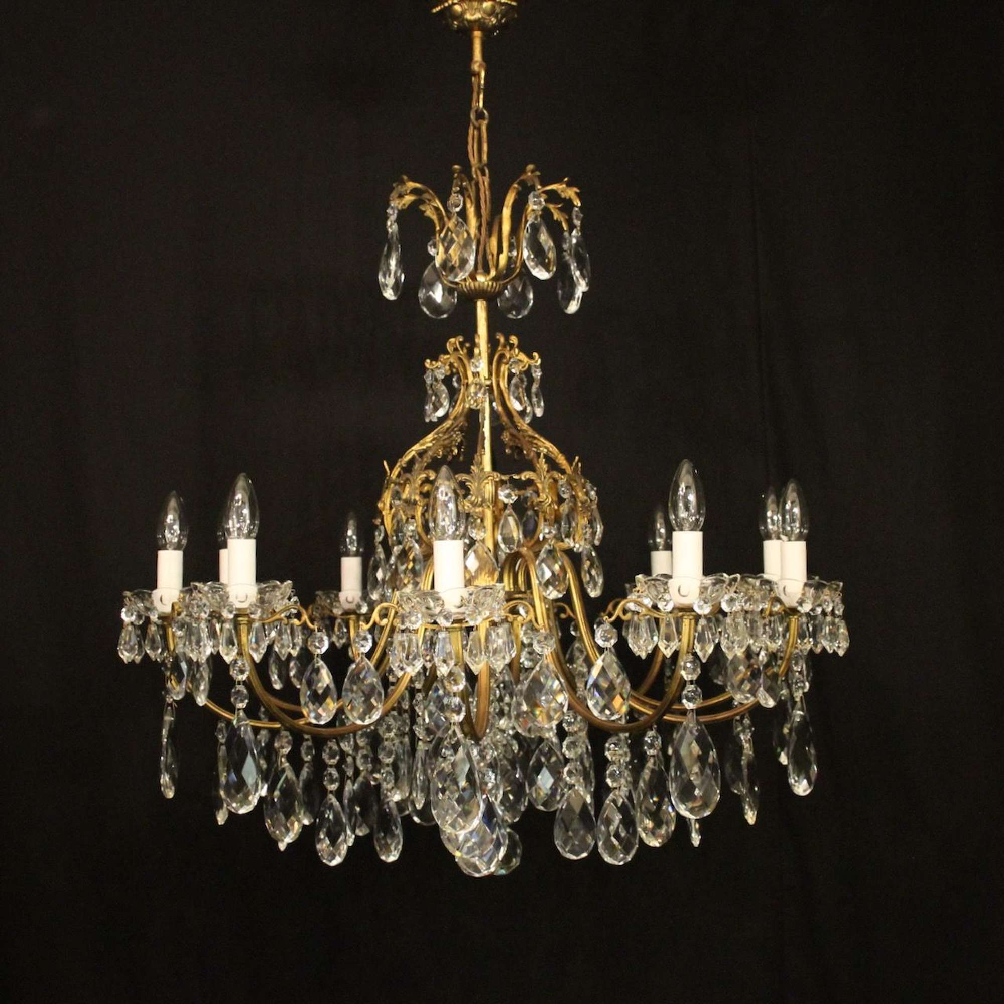 French Gilded Bronze & Crystal 10 Light Antique Chandelier
