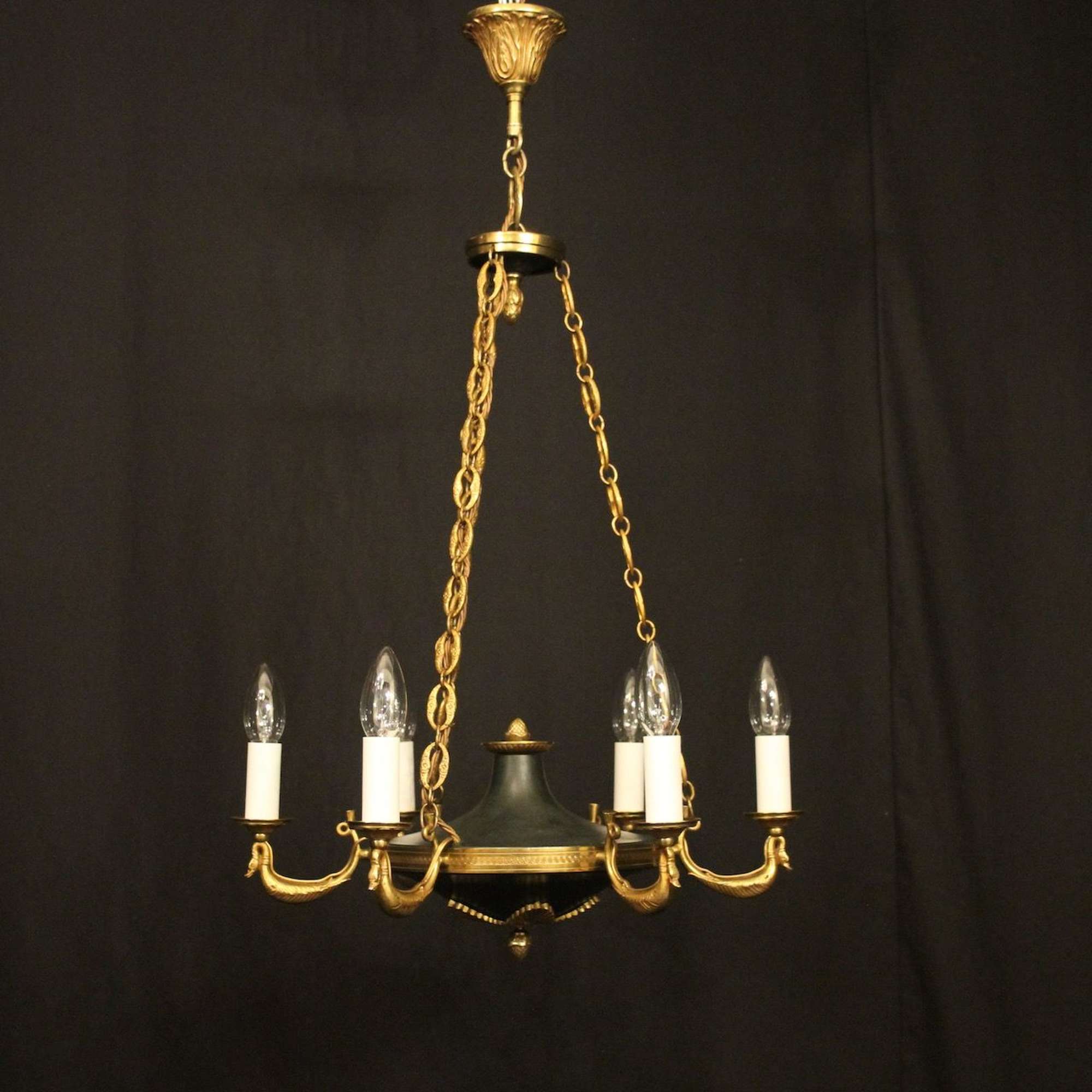 French Gilded Brass Empire 6 Light Chandelier