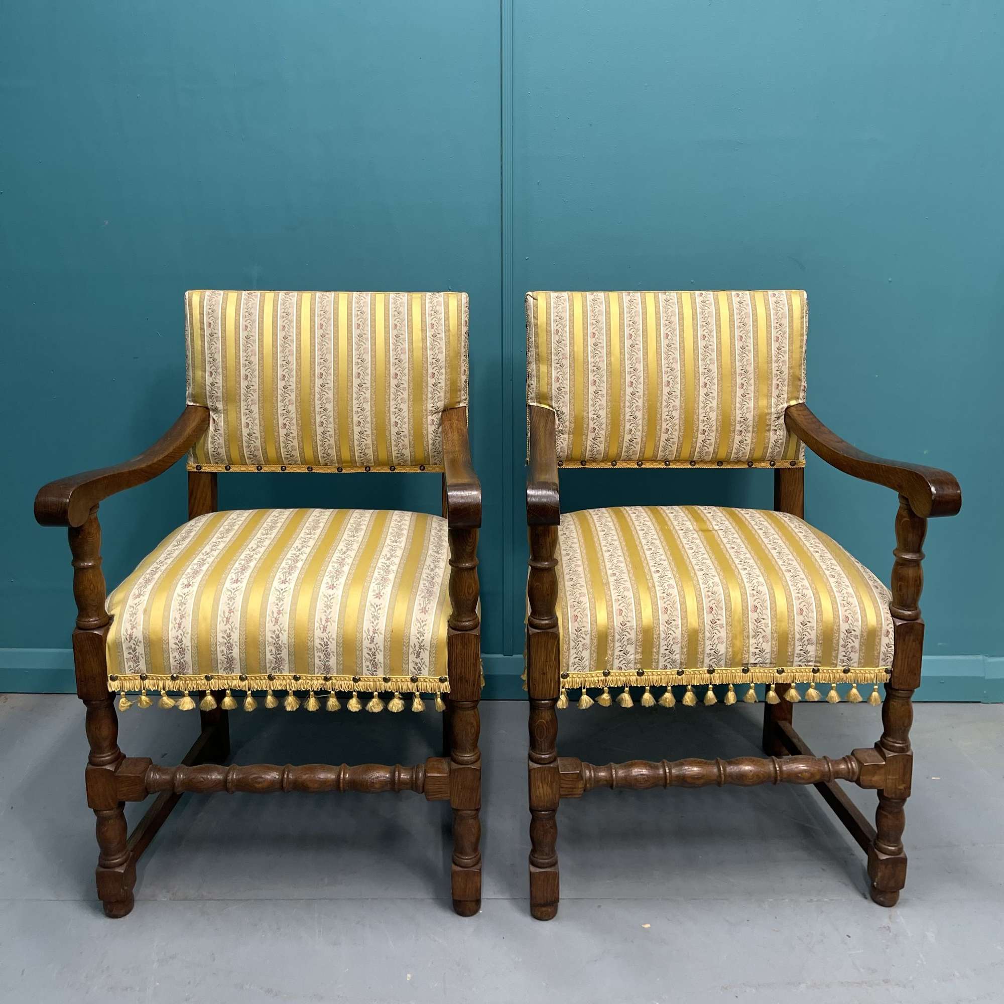 Pair Of Oak And Upholstered Hall Armchairs