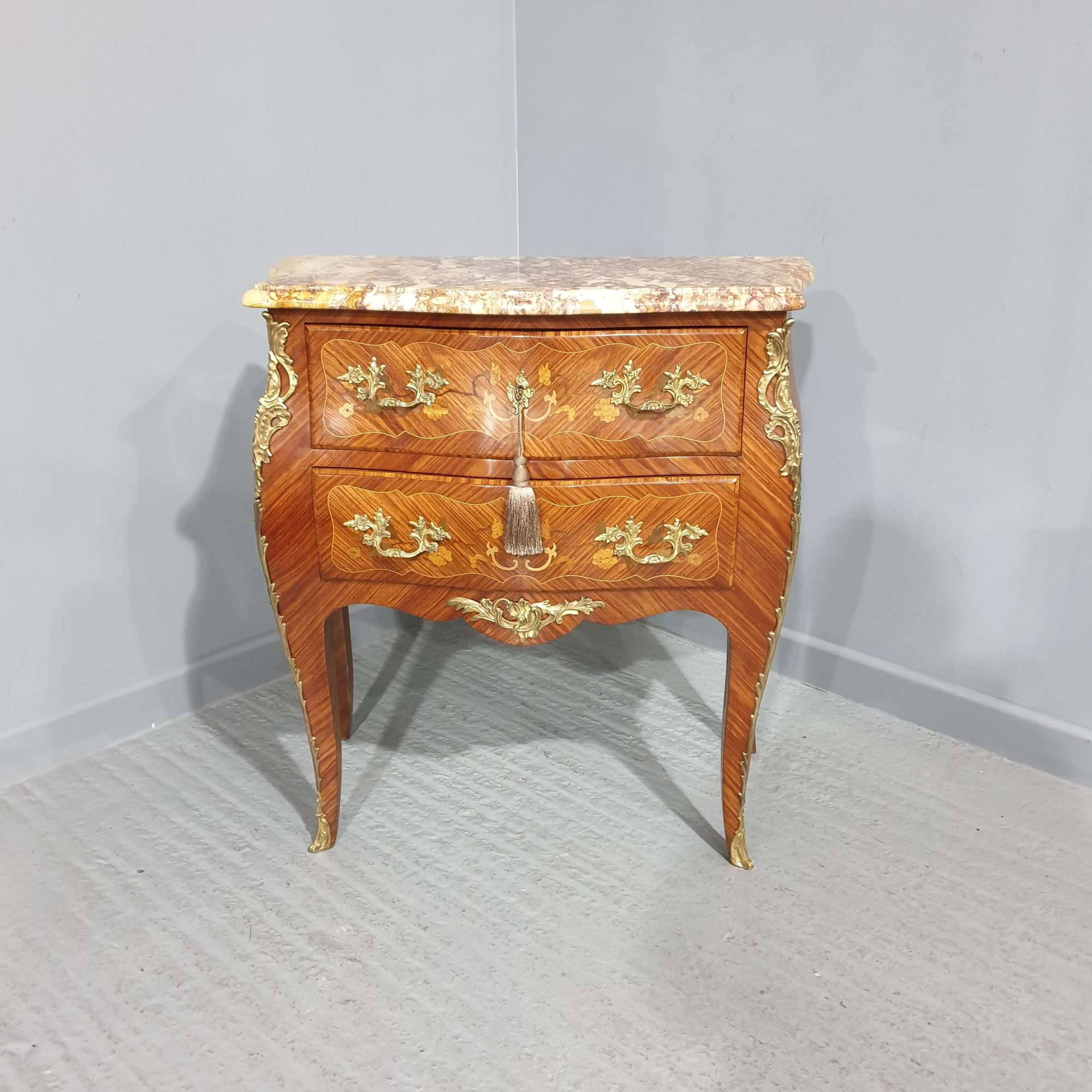 French Marquetry Bombe Shaped Commode Chest Of Drawers
